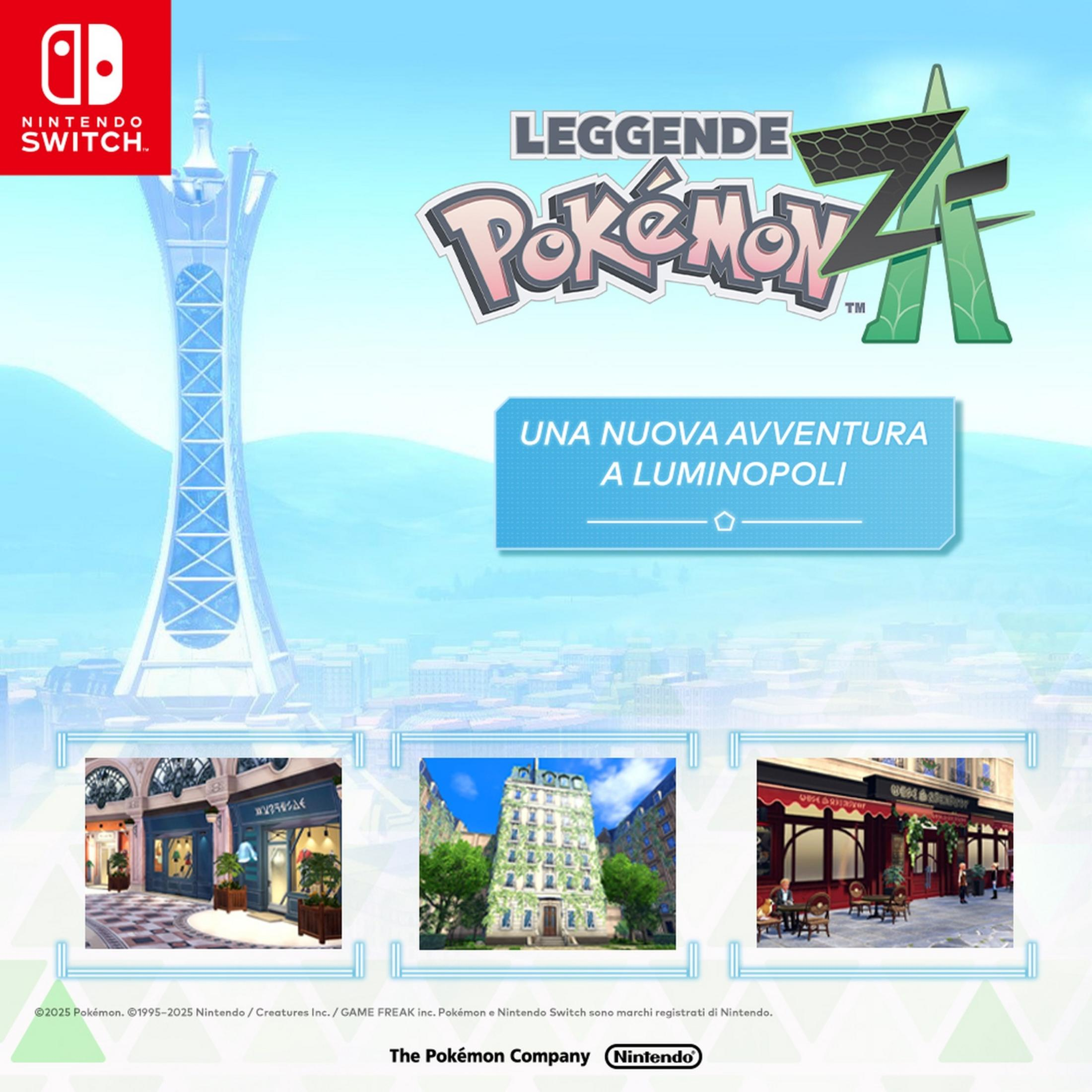 Nintendo Switch Logo, Pokémon Leggende Z, Stadtansicht mit Turm und drei Szenen.