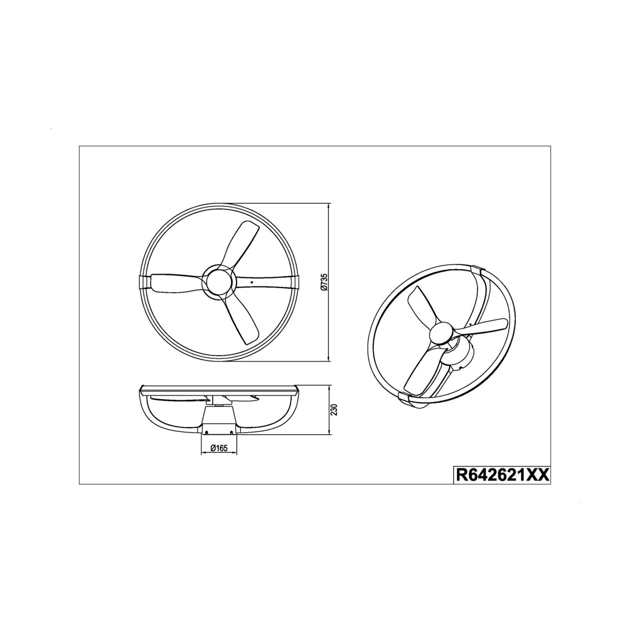 Disegno tecnico di una ventola a tre pale con dimensioni.
