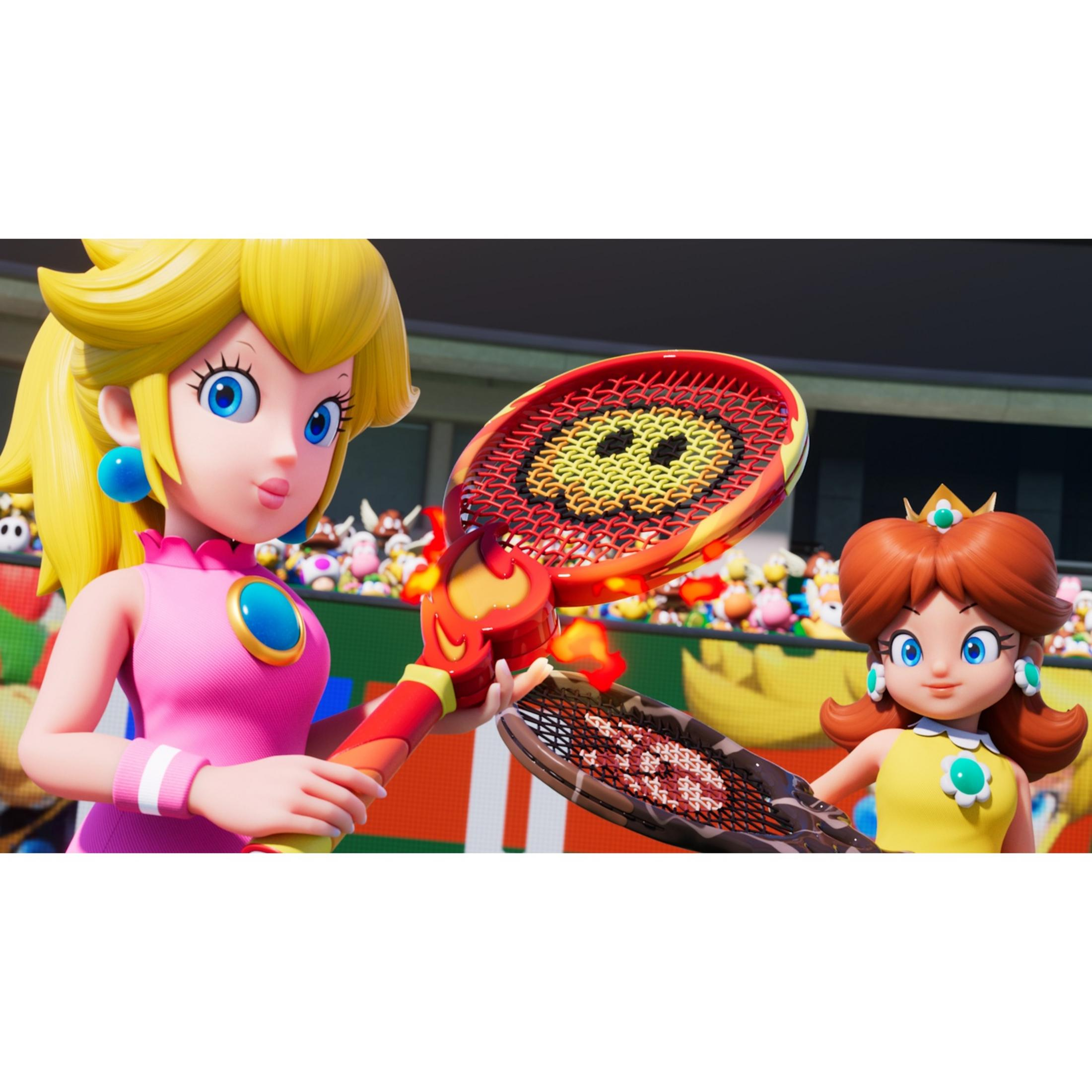 Prinzessin Peach und Daisy mit Tennisschlägern vor jubelnden Figuren.