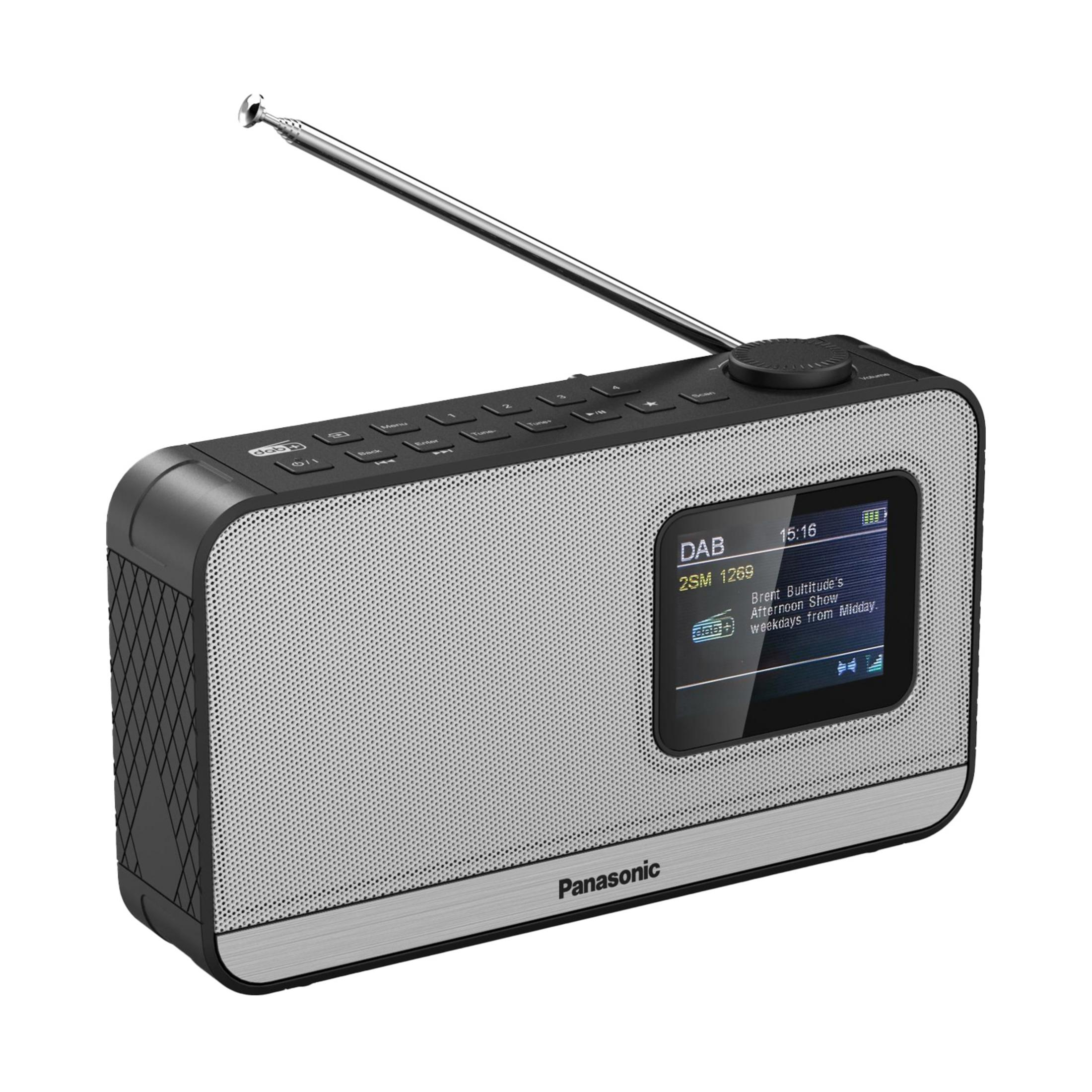 Una radio DAB Panasonic nera e argento con antenna estesa.
