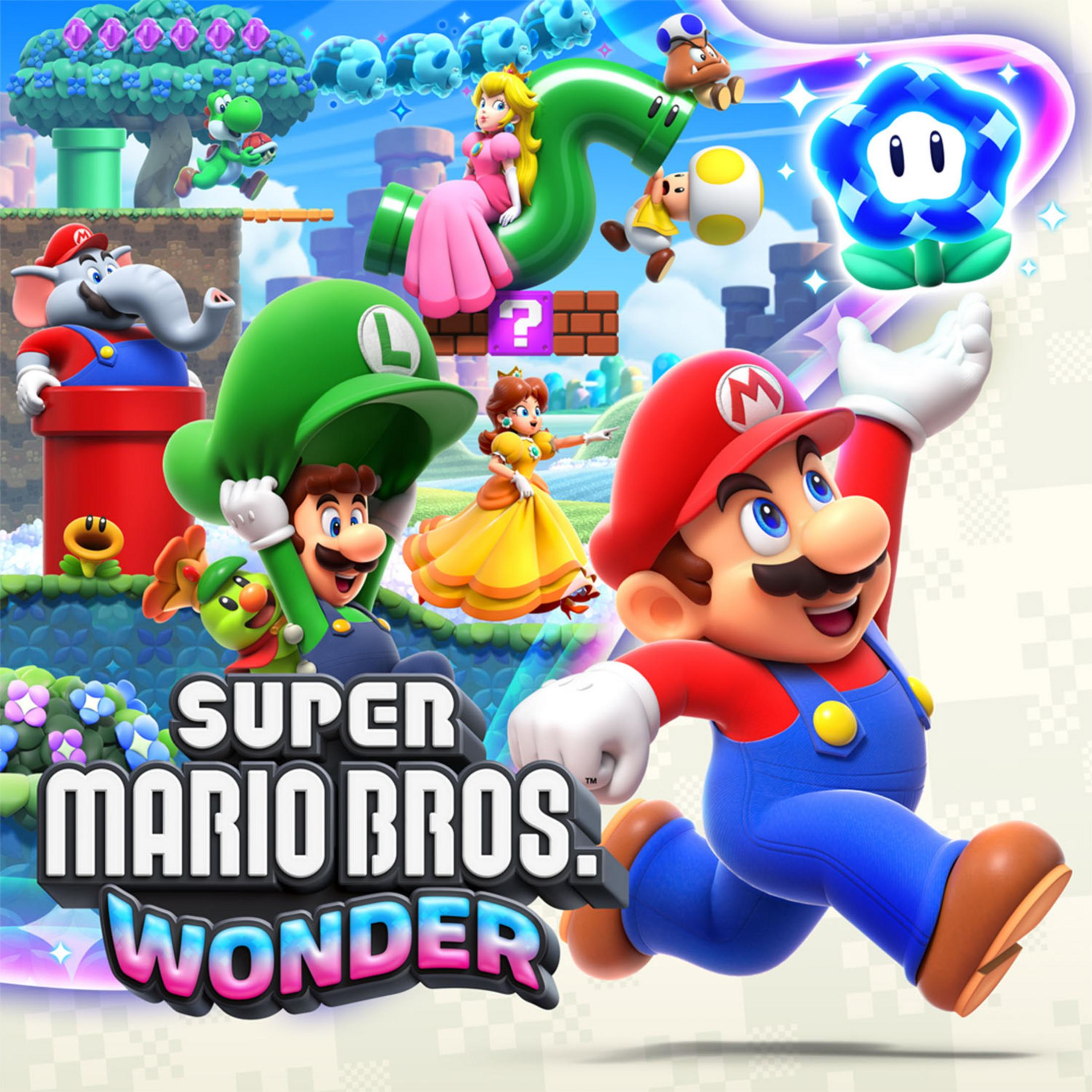 Mario corre, Luigi levanta una tubería verde, la Princesa Peach se sienta en una tubería.