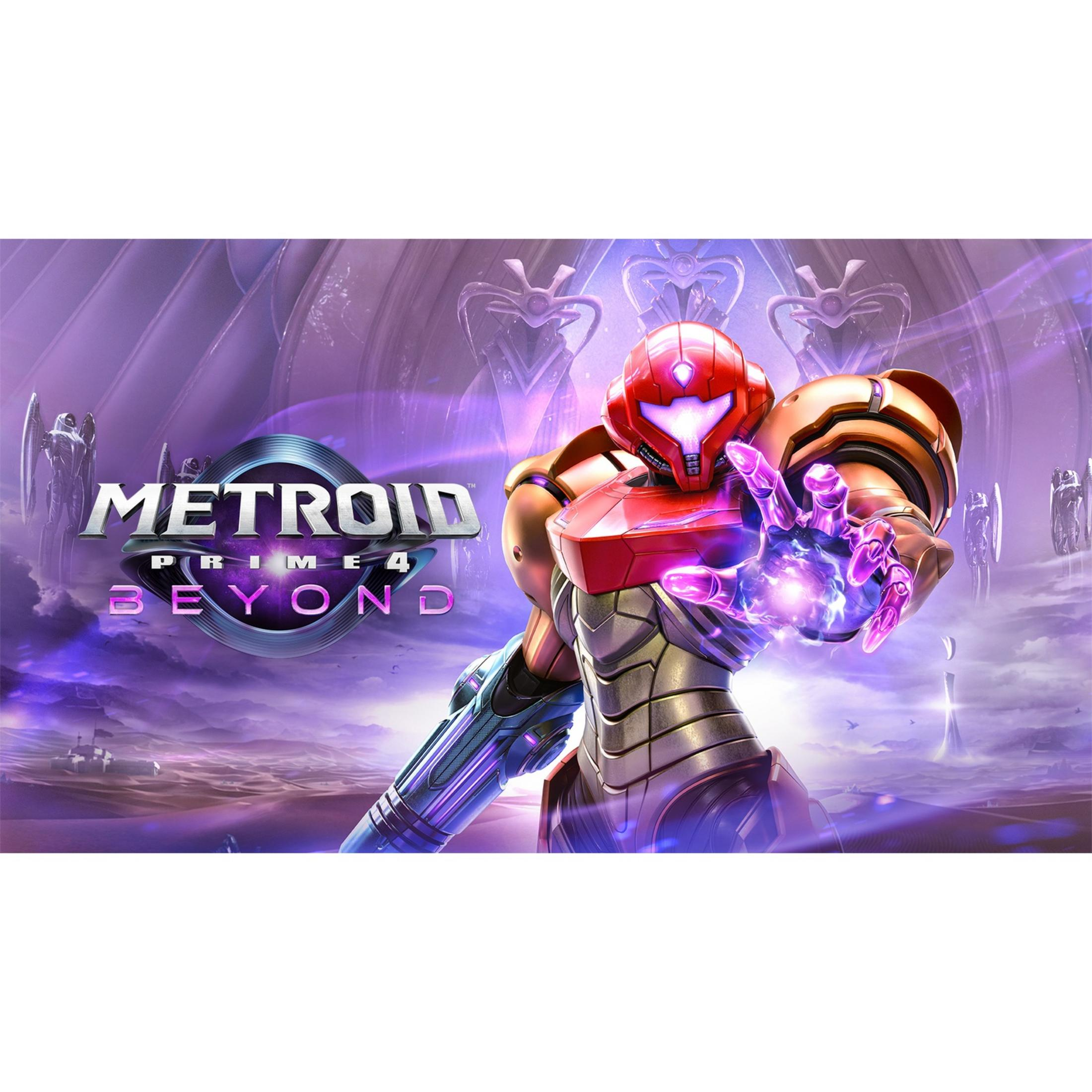 Samus Aran con armadura completa y efectos de energía, logo de Metroid Prime 4.