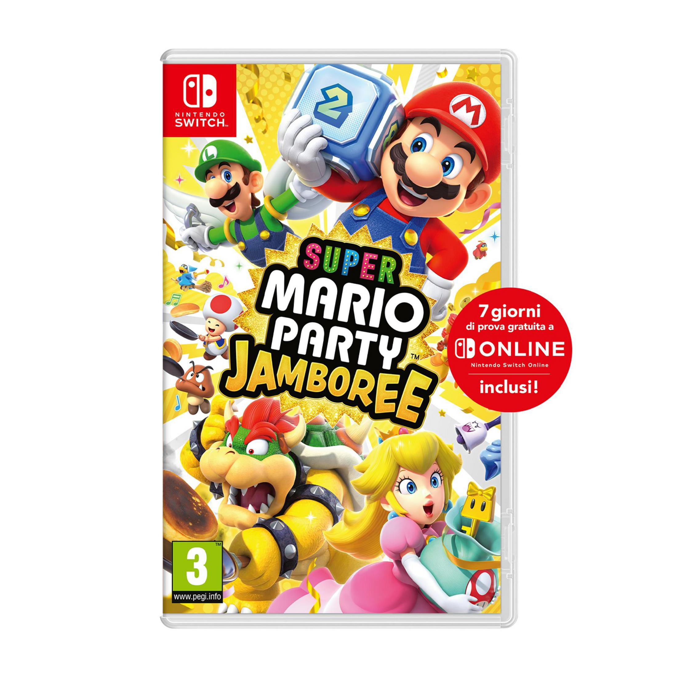 Portada de Super Mario Party Jamboree con Mario, Luigi, Peach, Bowser y Toad. Incluye 7 días gratis online.