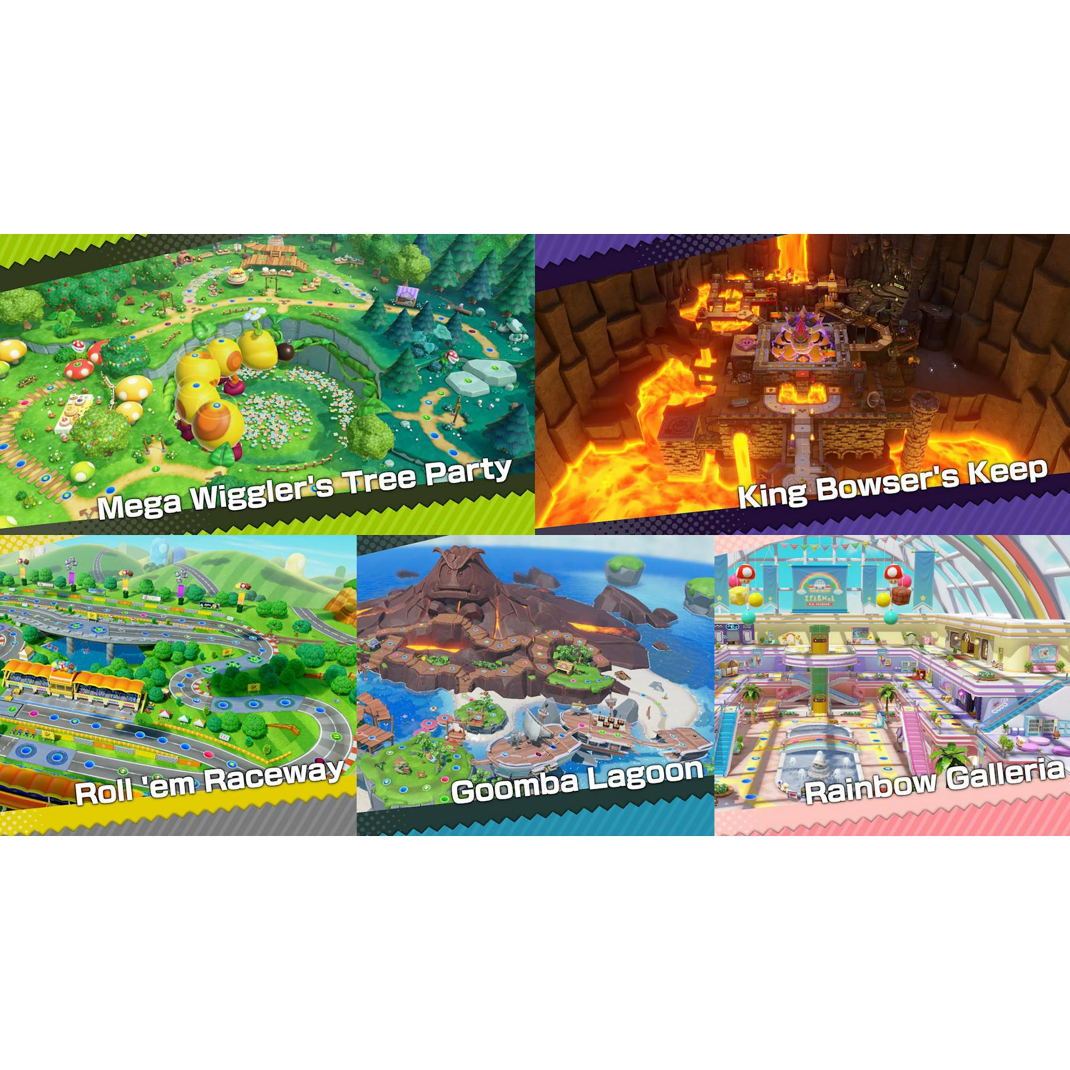 Seis tableros de juego: bosque, volcán, pista de carreras, isla, castillo y centro comercial.