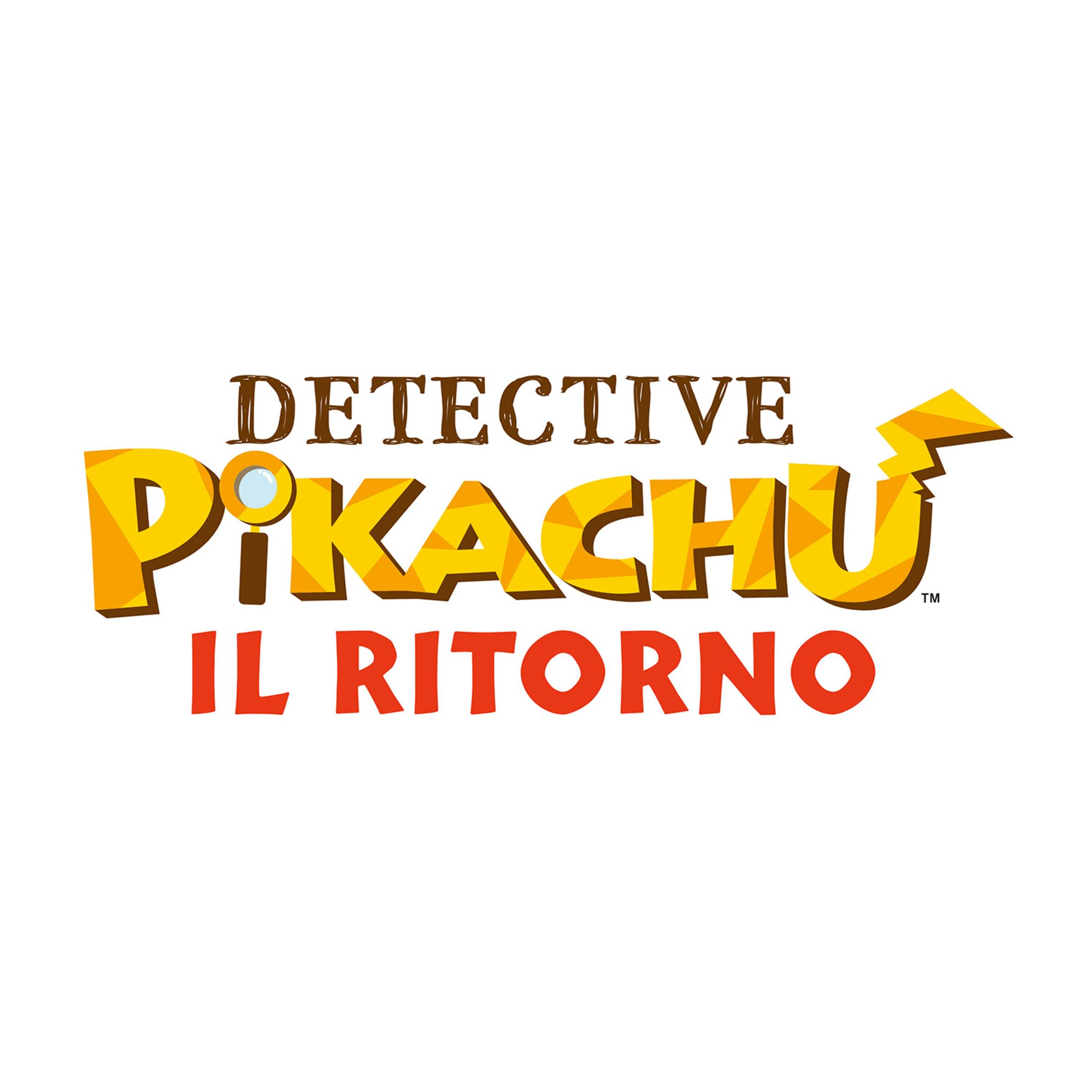 Logo: Detective Pikachu Il Ritorno. Testo giallo con lente d'ingrandimento e fulmine.