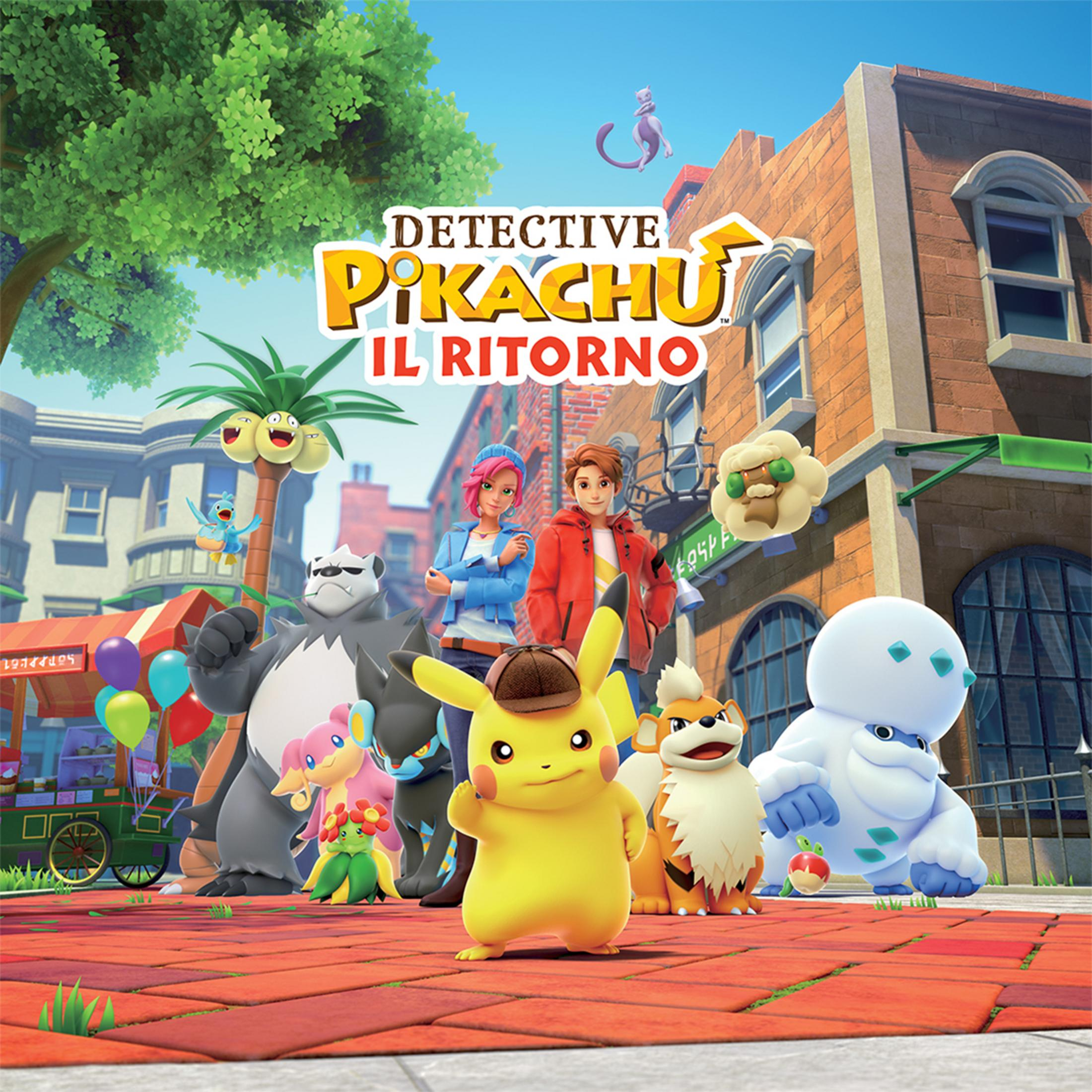 Pikachu e amici davanti a un edificio di mattoni con un albero e una palma.