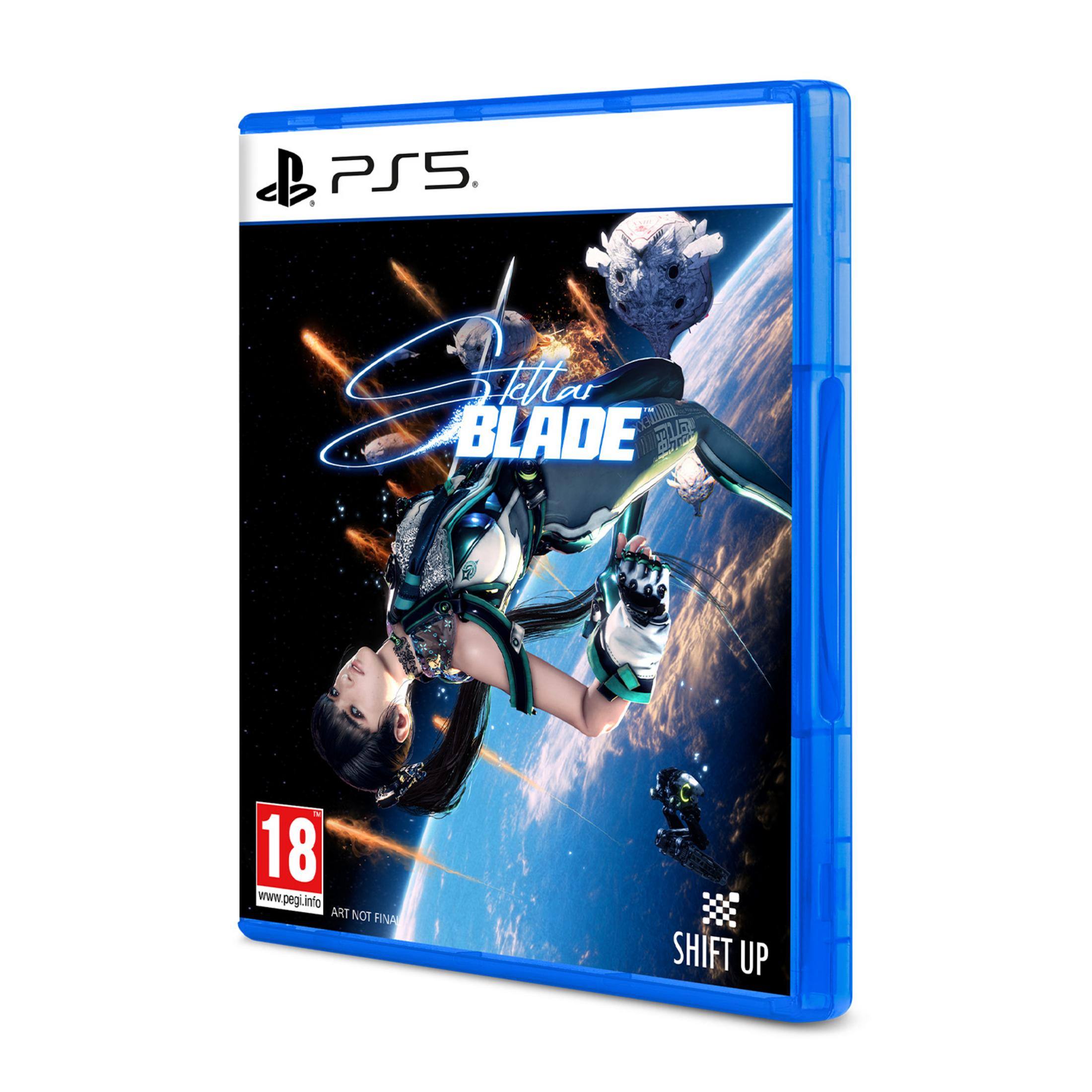 Custodia gioco PS5 con donna in tenuta spaziale, Terra e astronavi.