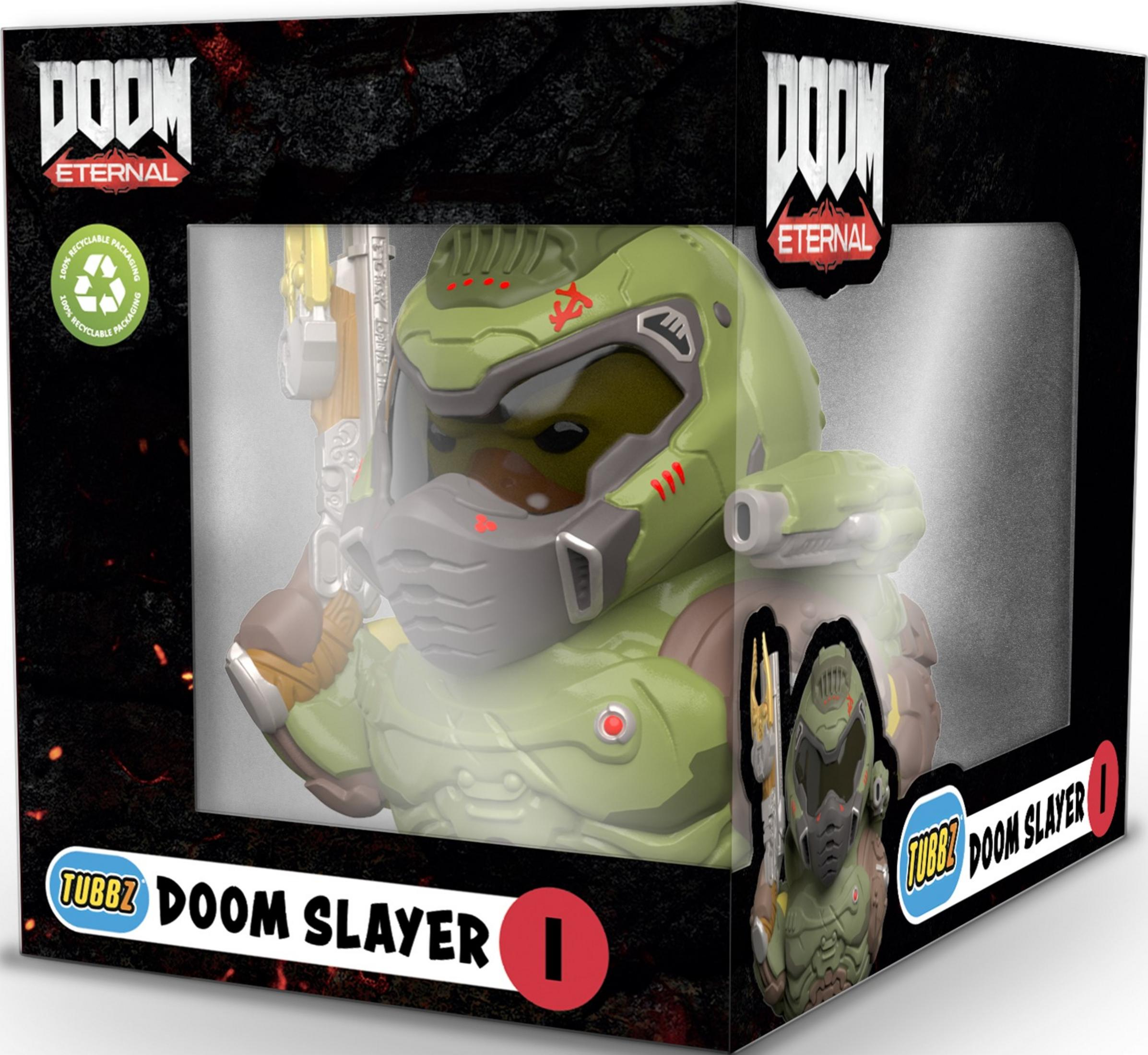 Eine grüne Doom Slayer Figur in einer Schachtel mit dem Doom Eternal Logo.