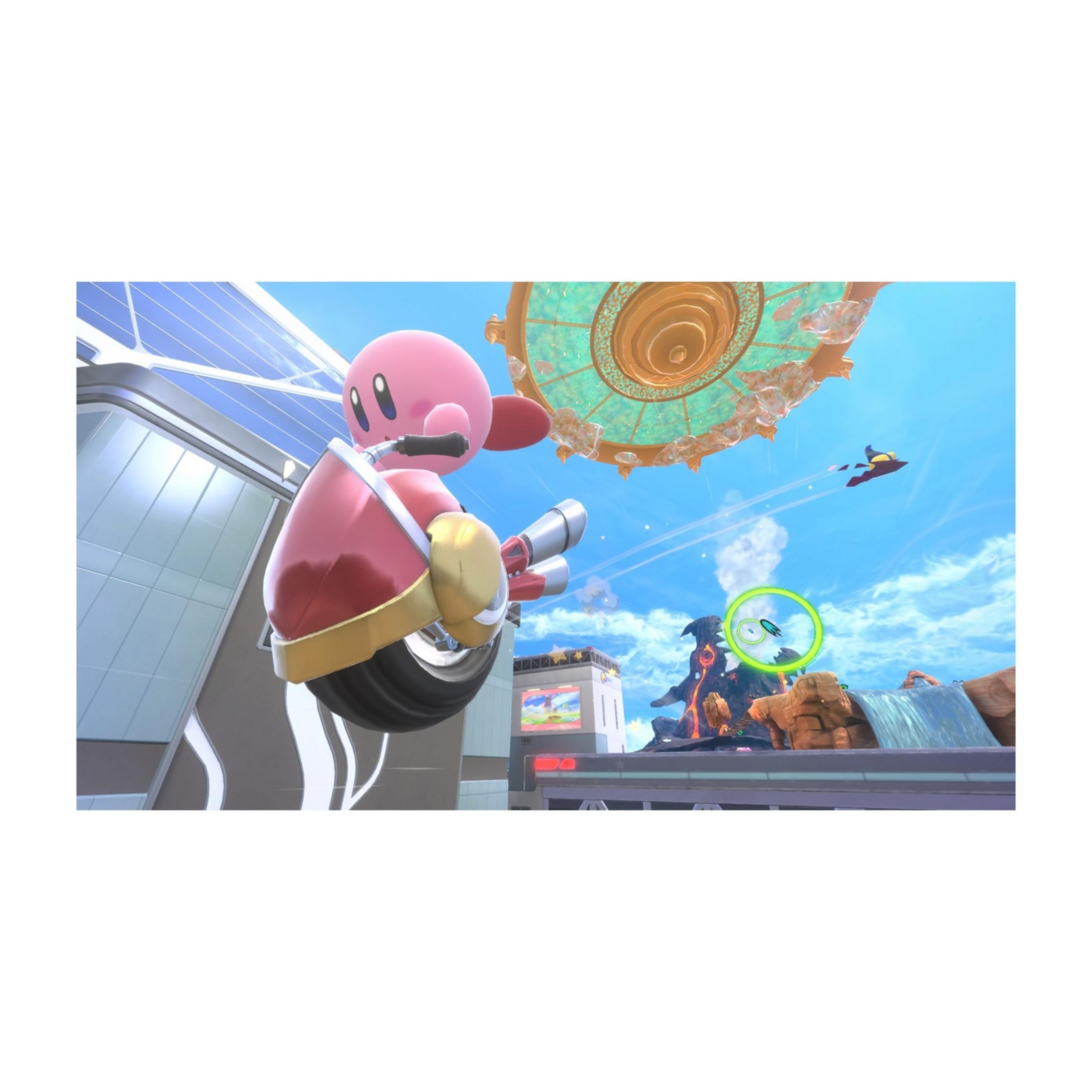 Kirby guida una moto sotto una piattaforma fluttuante.