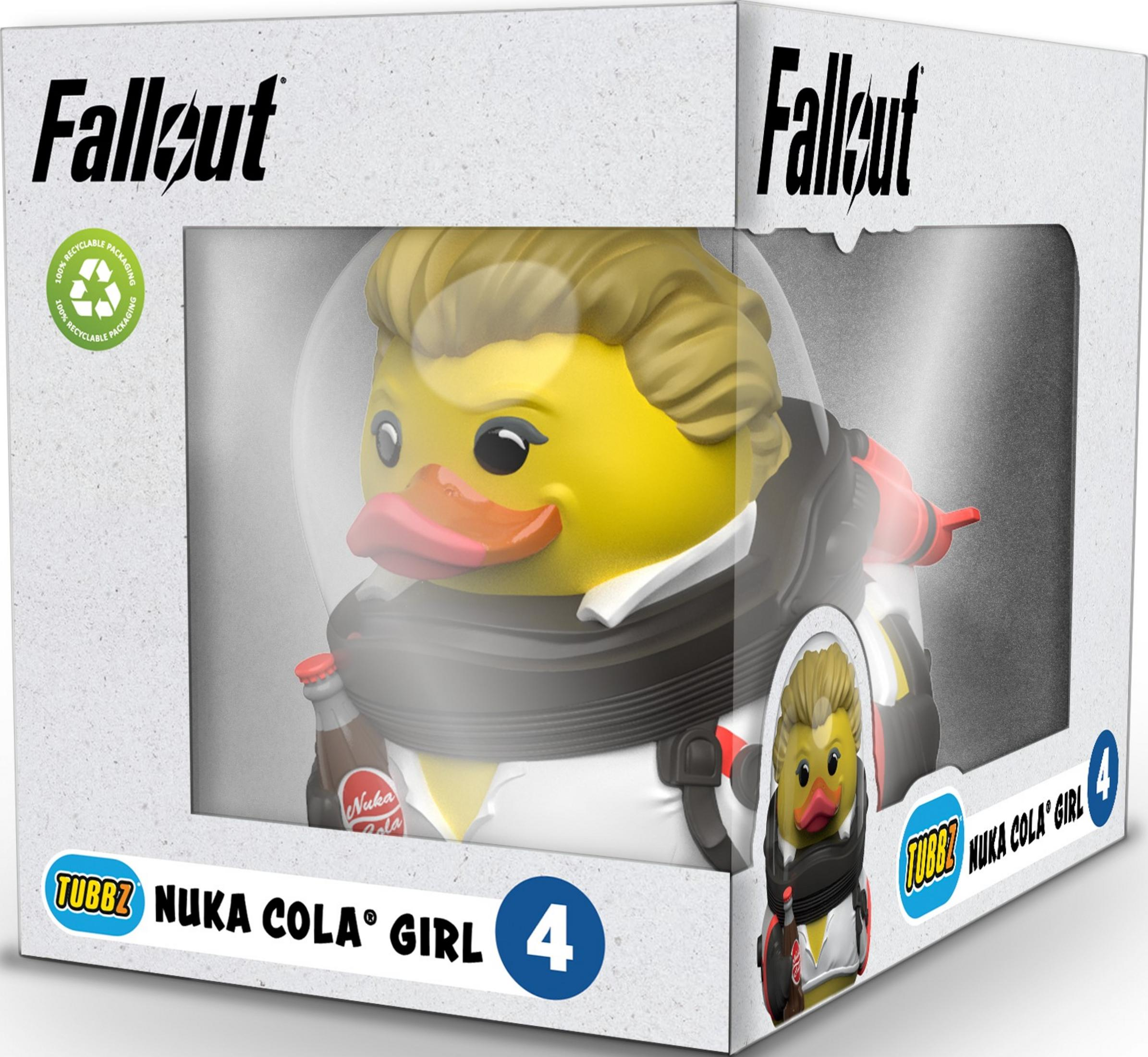 Eine gelbe Ente im Raumanzug mit Nuka Cola-Flasche, auf einer Fallout-Verpackung.