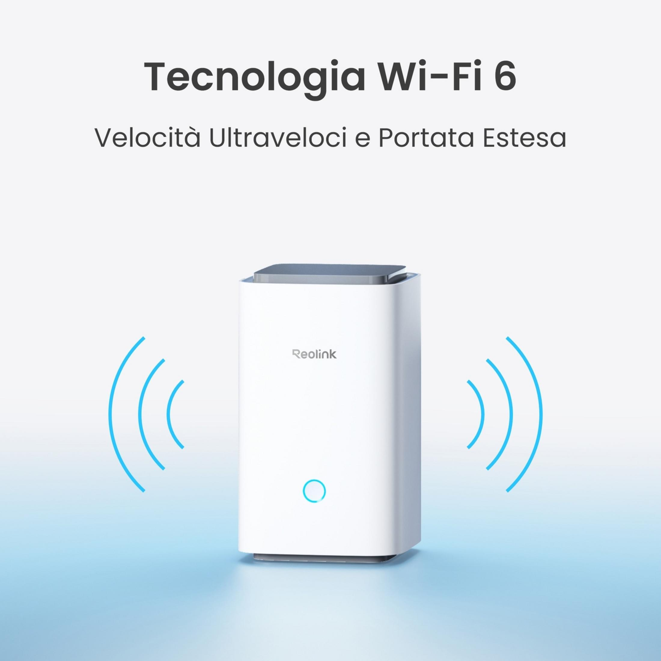 Un router Wi-Fi 6 bianco con icone a onde blu, che evidenziano la tecnologia.