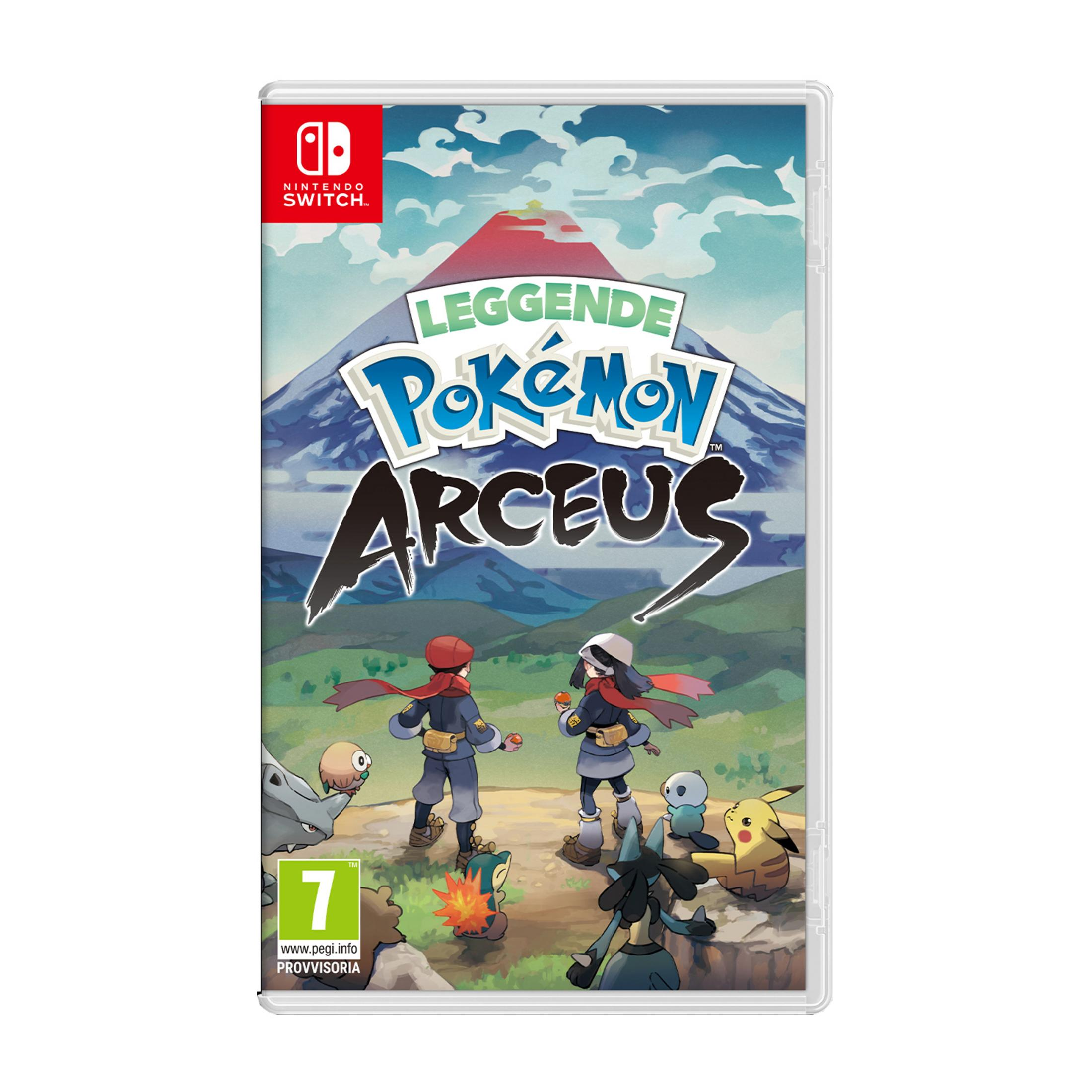 Gioco Nintendo Switch "Leggende Pokémon: Arceus" con due personaggi e vari Pokémon.