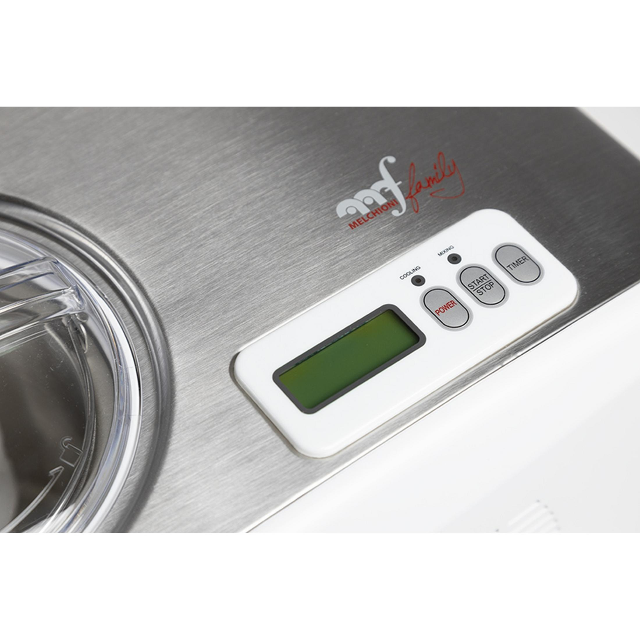 Maszynka do lodów ze stali nierdzewnej z białym panelem sterowania.