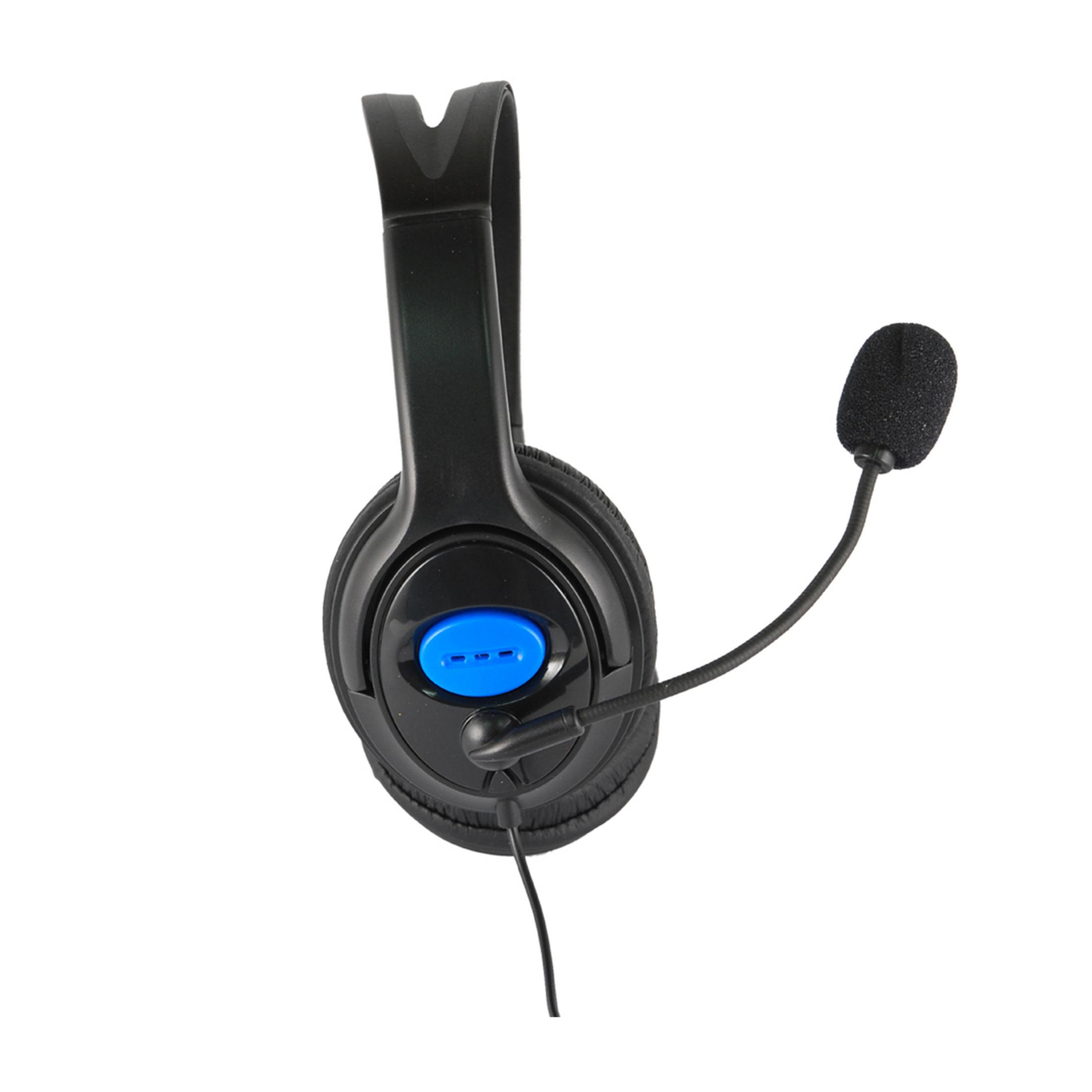 Czarne słuchawki z mikrofonem i niebieskim przyciskiem.
