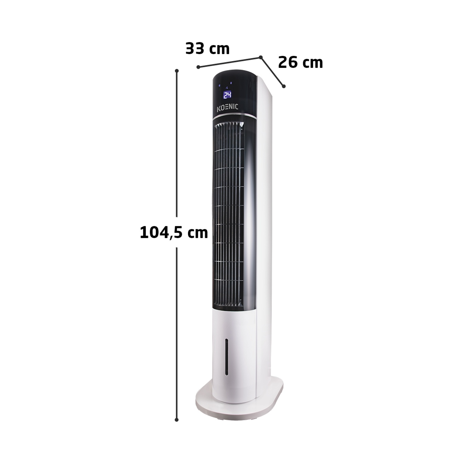 Ein weißer Turmventilator mit schwarzen Lüftungsschlitzen und digitaler Anzeige.