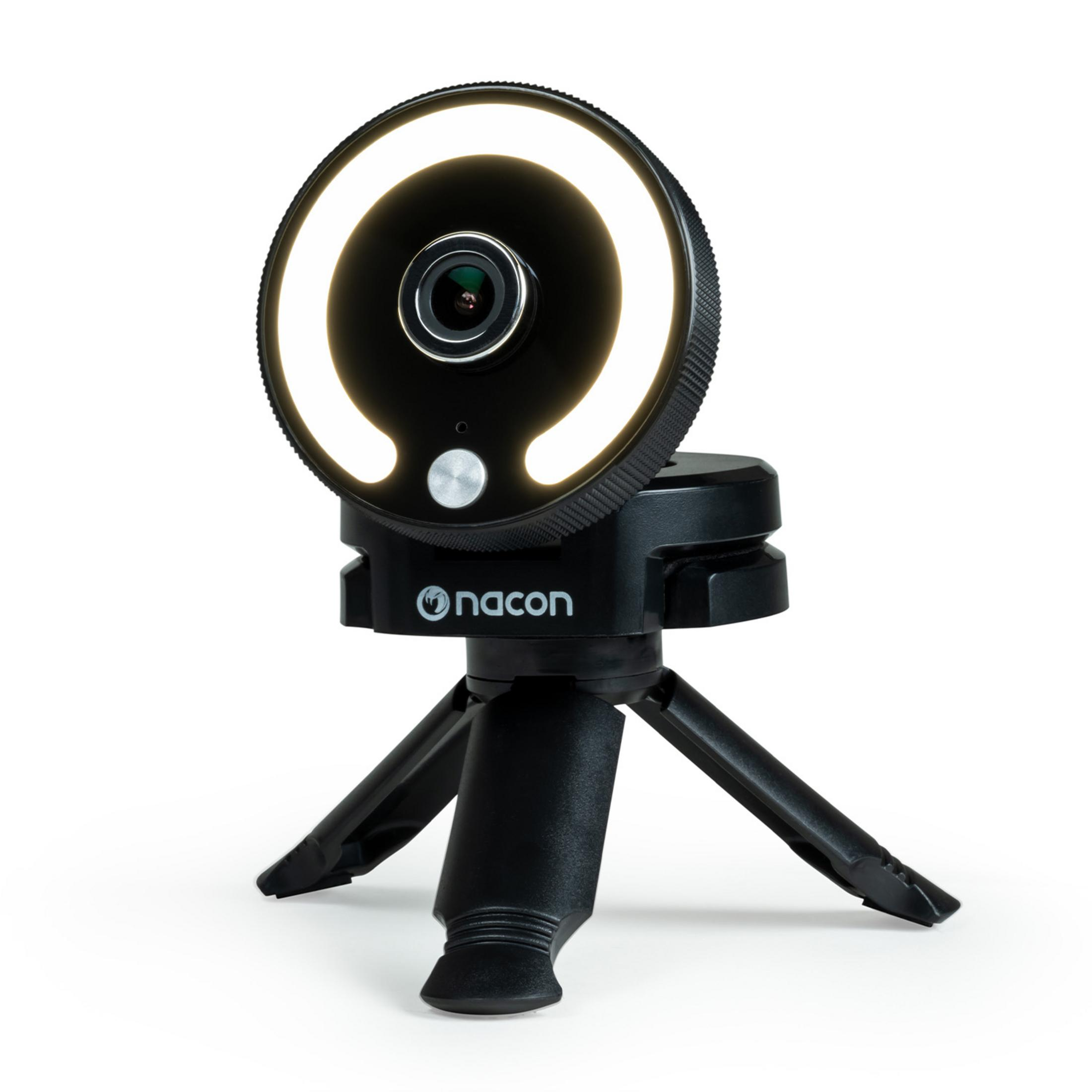 Luce ad anello nera con telecamera su un piccolo treppiede.