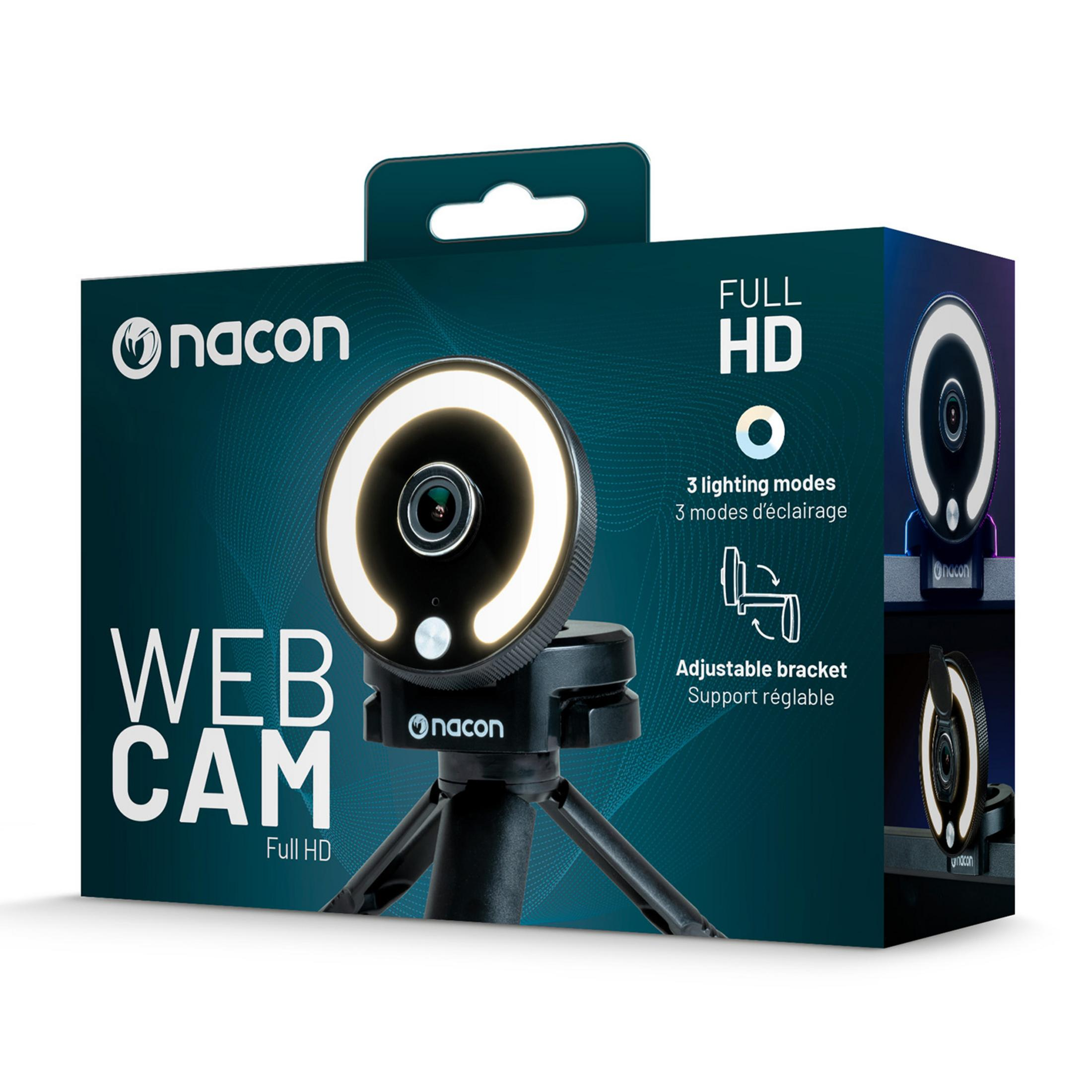 Webcam Nacon con anello luminoso e treppiede sulla confezione, Full HD.