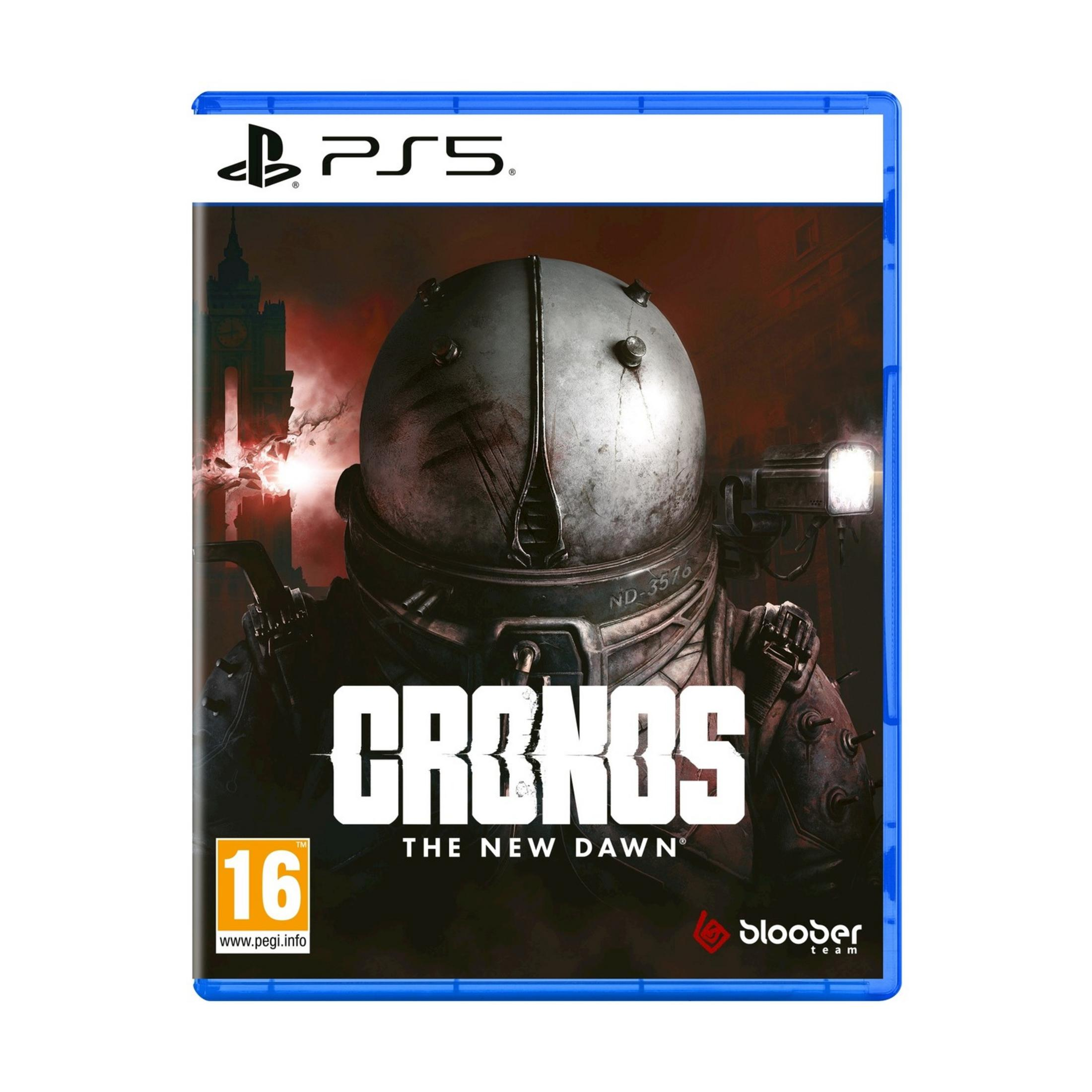 Custodia gioco PS5: "Cronos The New Dawn" con elmo da astronauta e torre oscura.