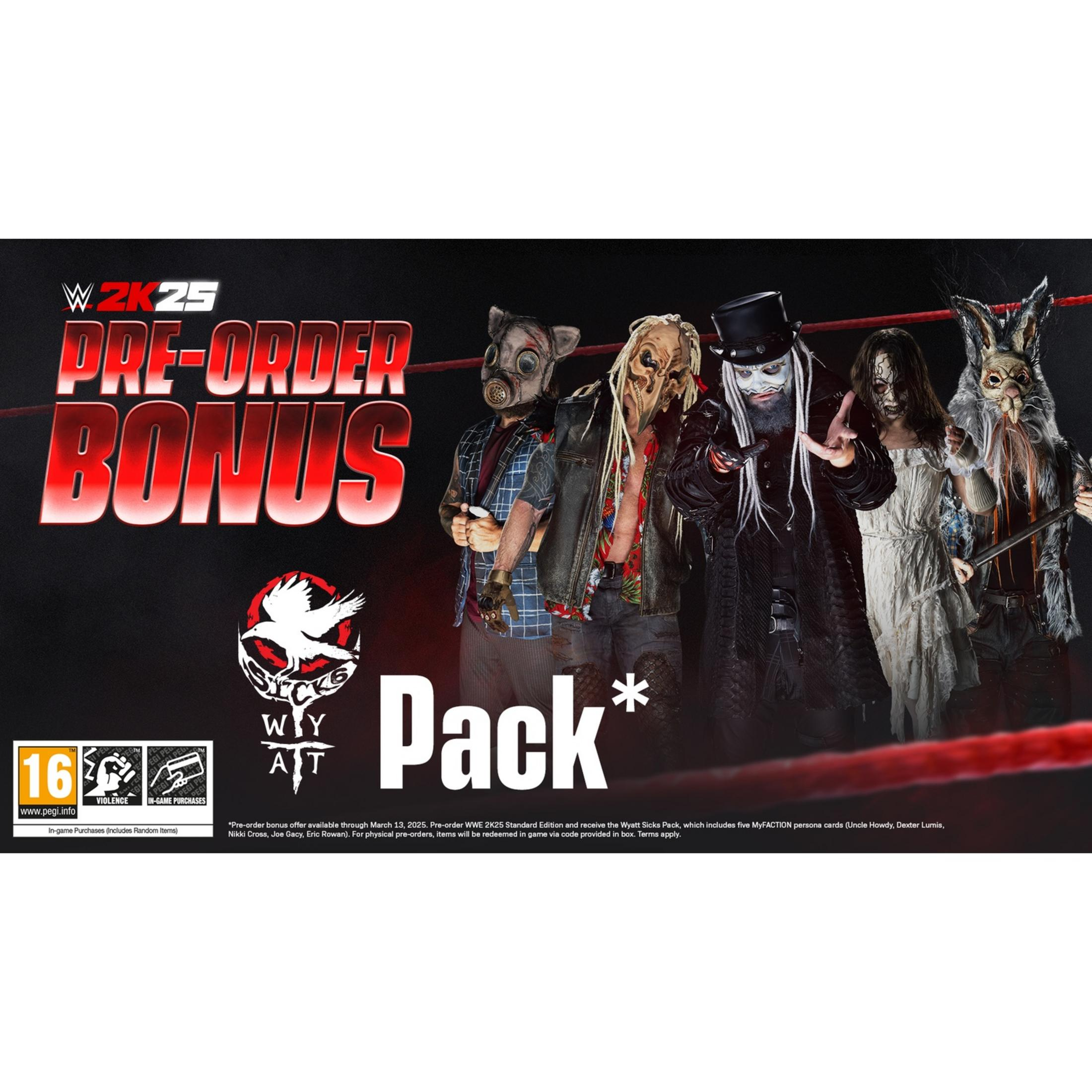 Bonus Pre-ordine WWE 2K25: Cinque personaggi inquietanti in un ring, con il logo Wyatt Sicks Pack.