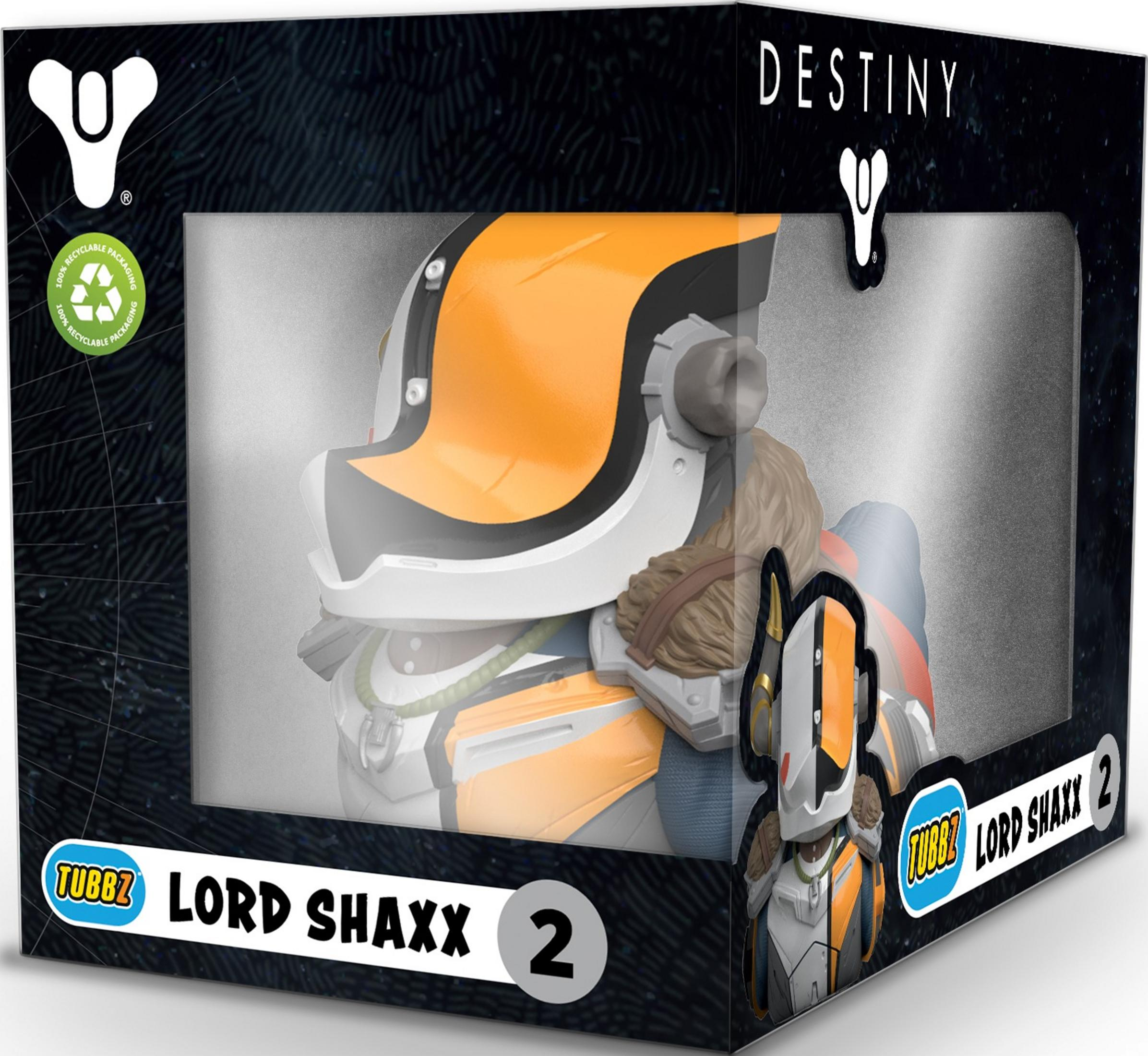 Lord Shaxx Figur in Destiny-Verpackung mit orange-weißer Rüstung.