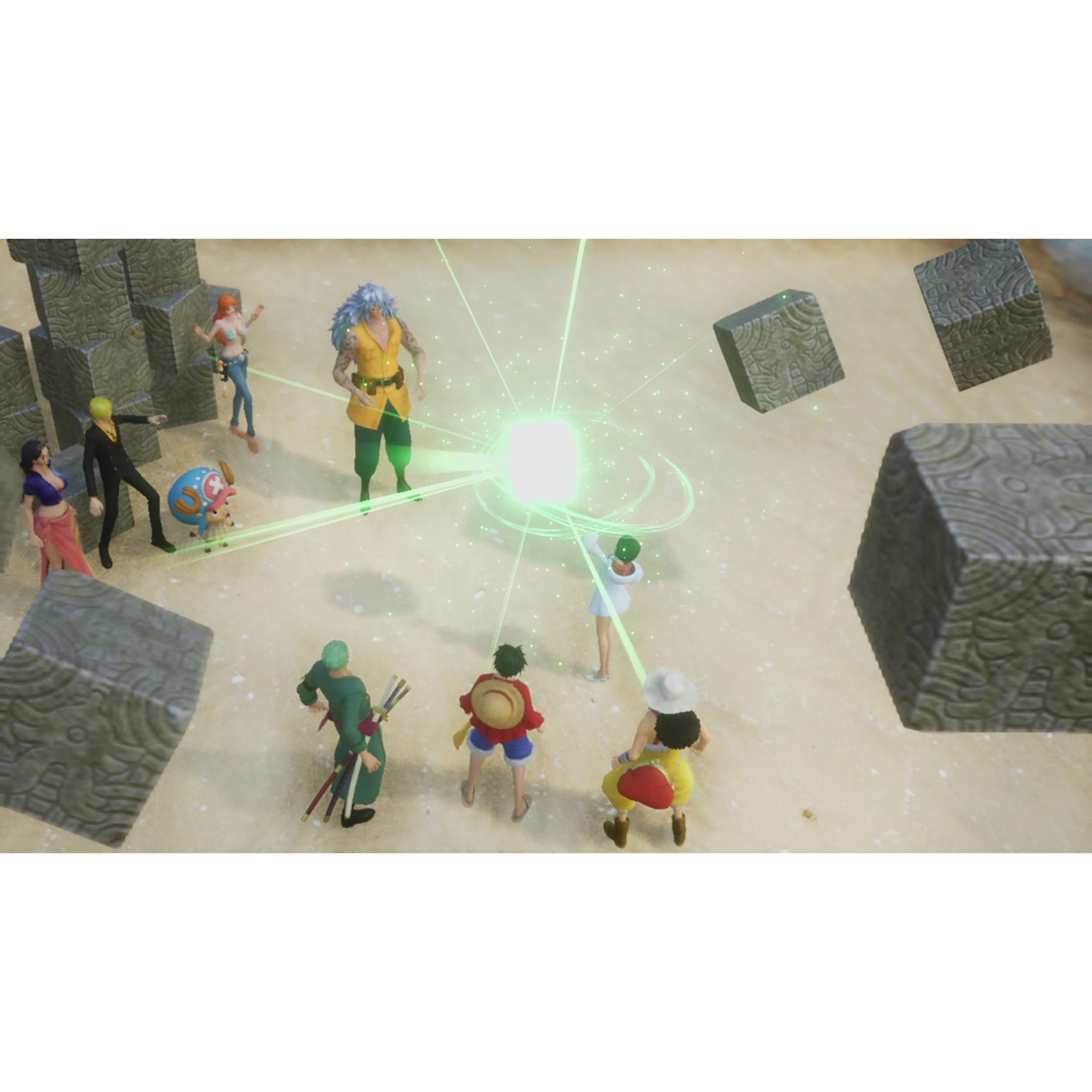 Personaggi di One Piece si radunano su un'area sabbiosa, con una luminosa esplosione di energia verde al centro.