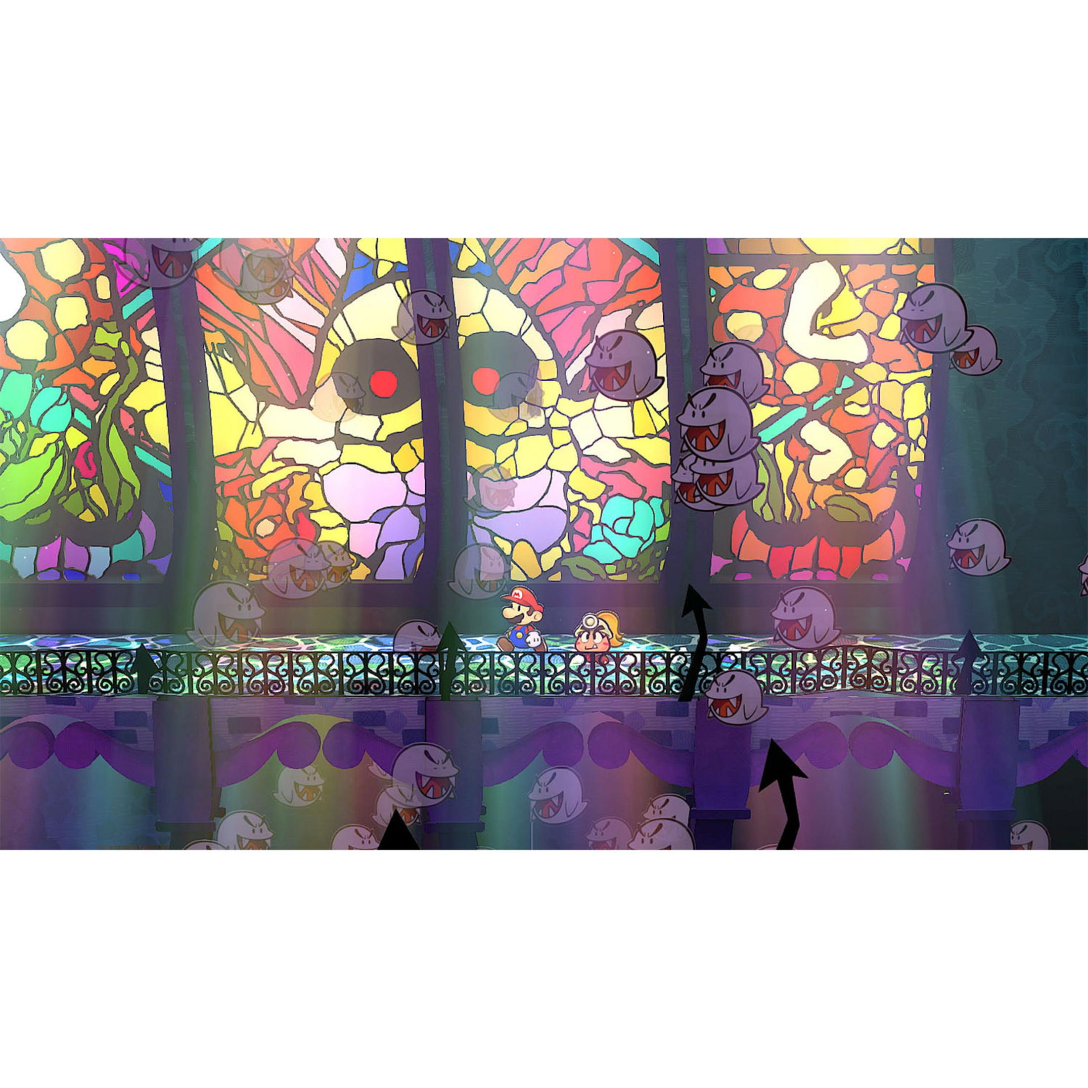 Mario und Olivia stehen vor einem bunten Buntglasfenster, umgeben von Geistern.