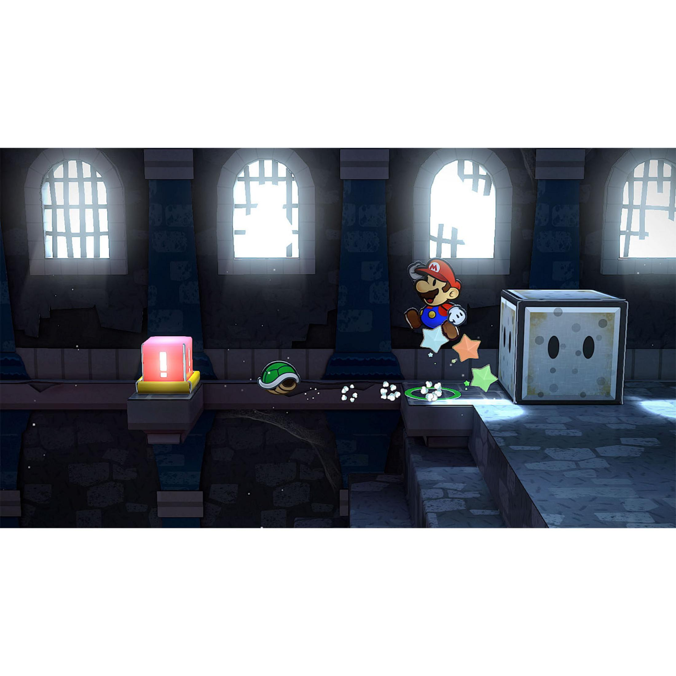 Mario springt in einem schattigen Raum mit Fenstern und einer Würfel-Figur.