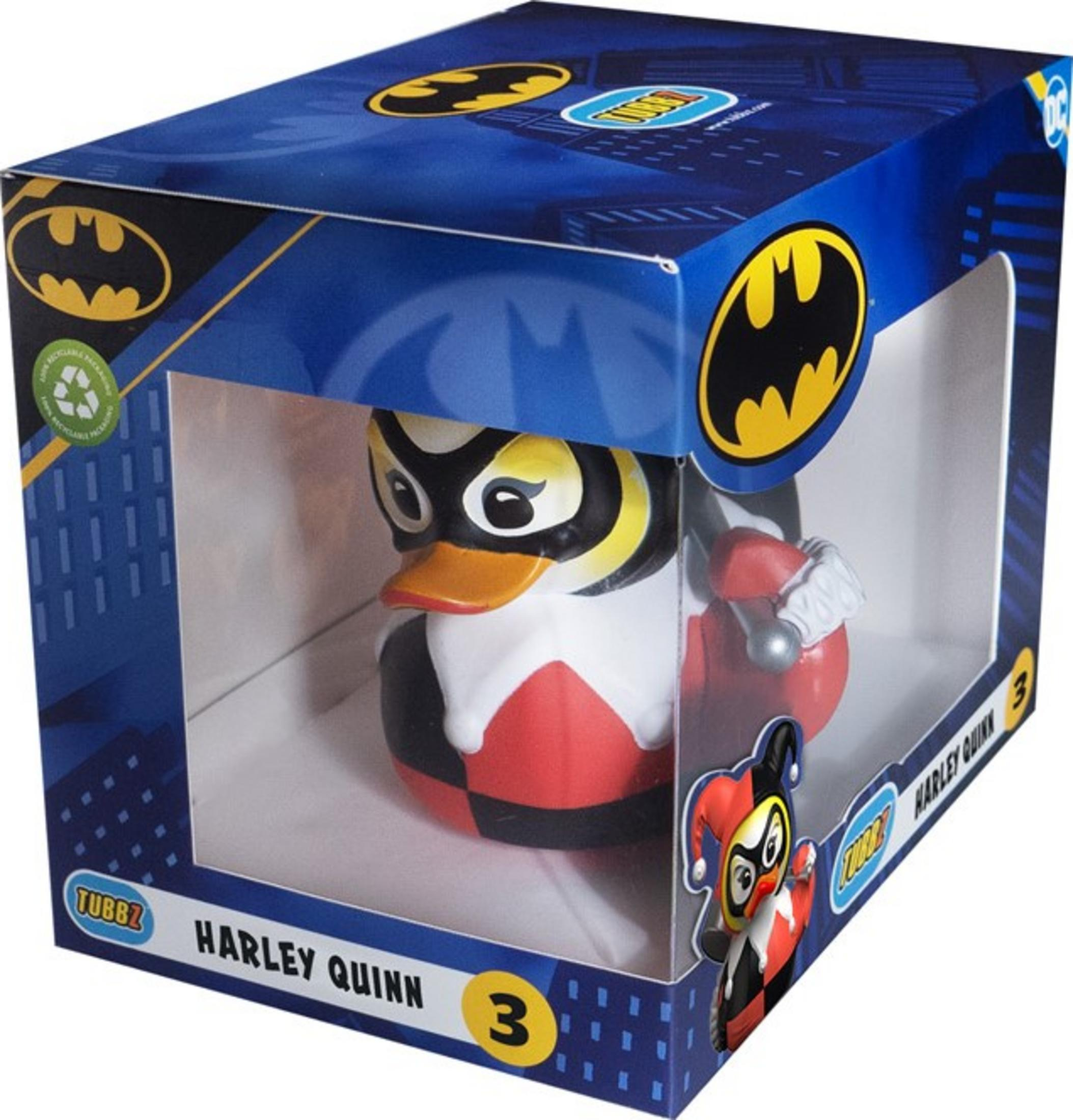 Ein Harley Quinn Quietscheentchen in einer Batman-Verpackung.
