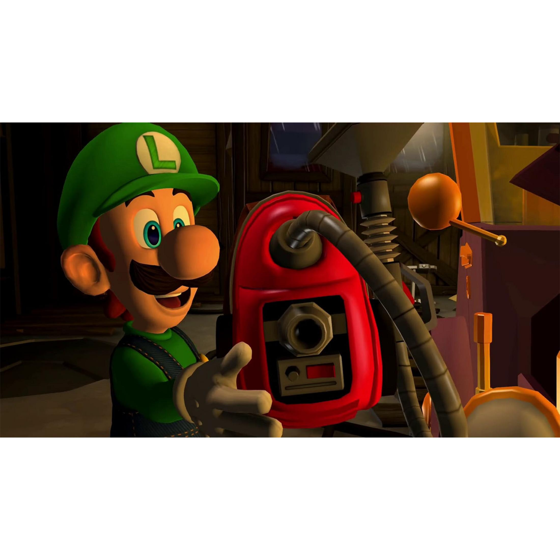 Luigi lleva un sombrero verde y peto, sosteniendo una aspiradora roja.