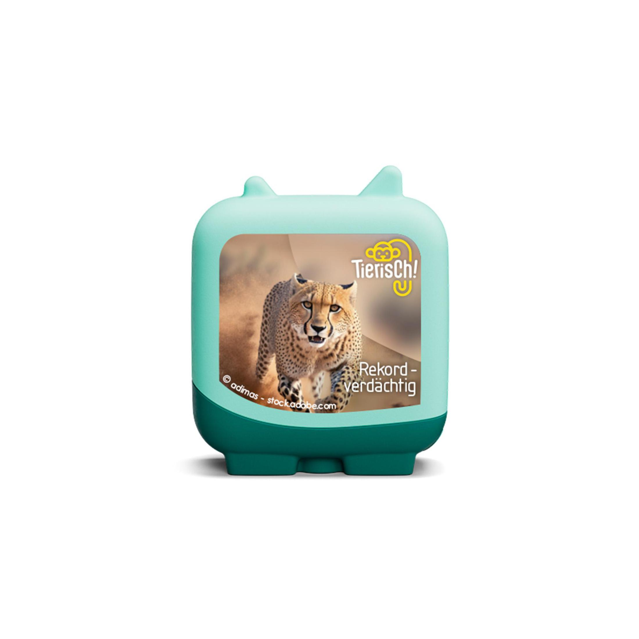 Ein Gepard rennt durch Staub. Auf der Box steht "Tierisch! Rekord-verdächtig".