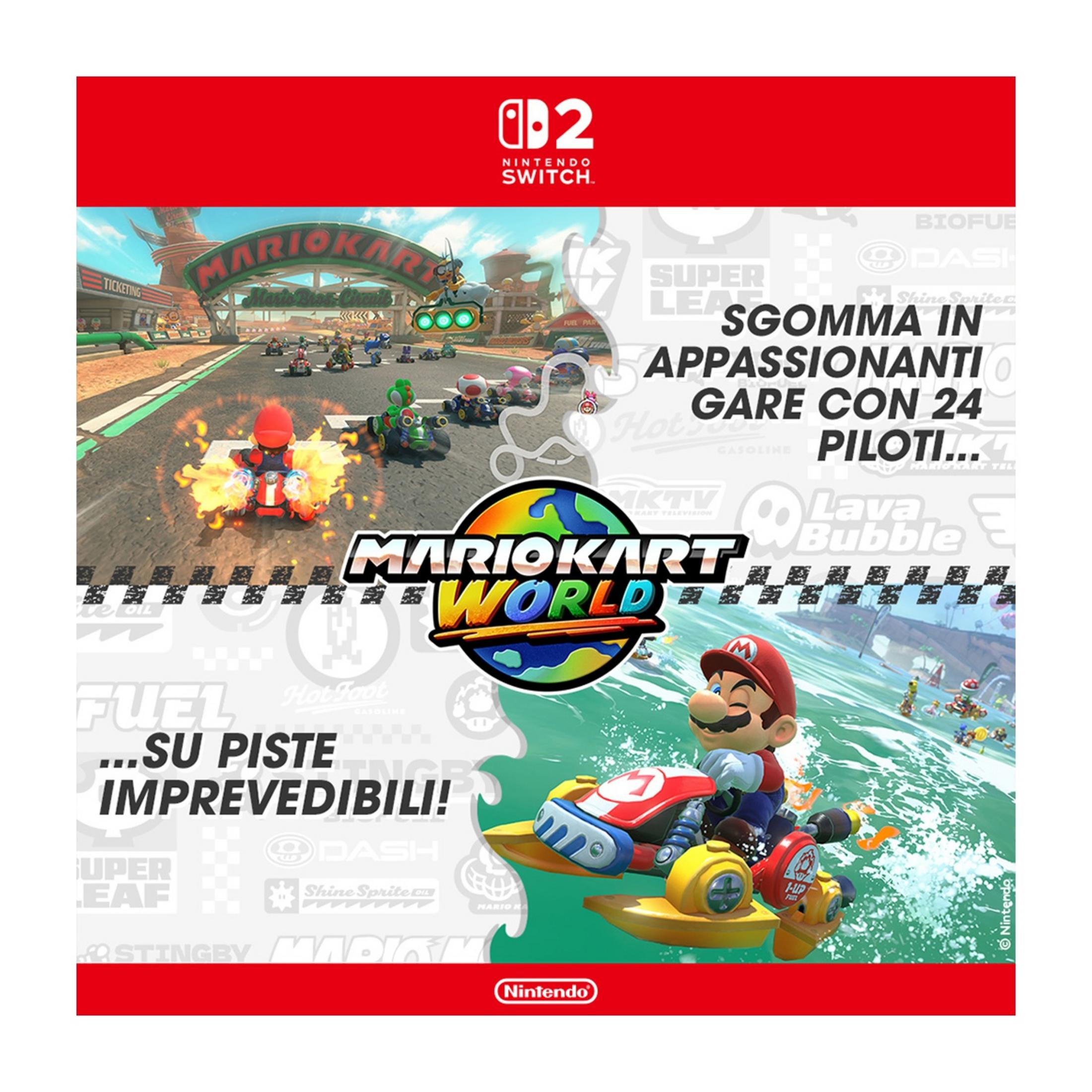 Mario Kart World con Mario in un'auto da corsa, circondato da acqua e piste.