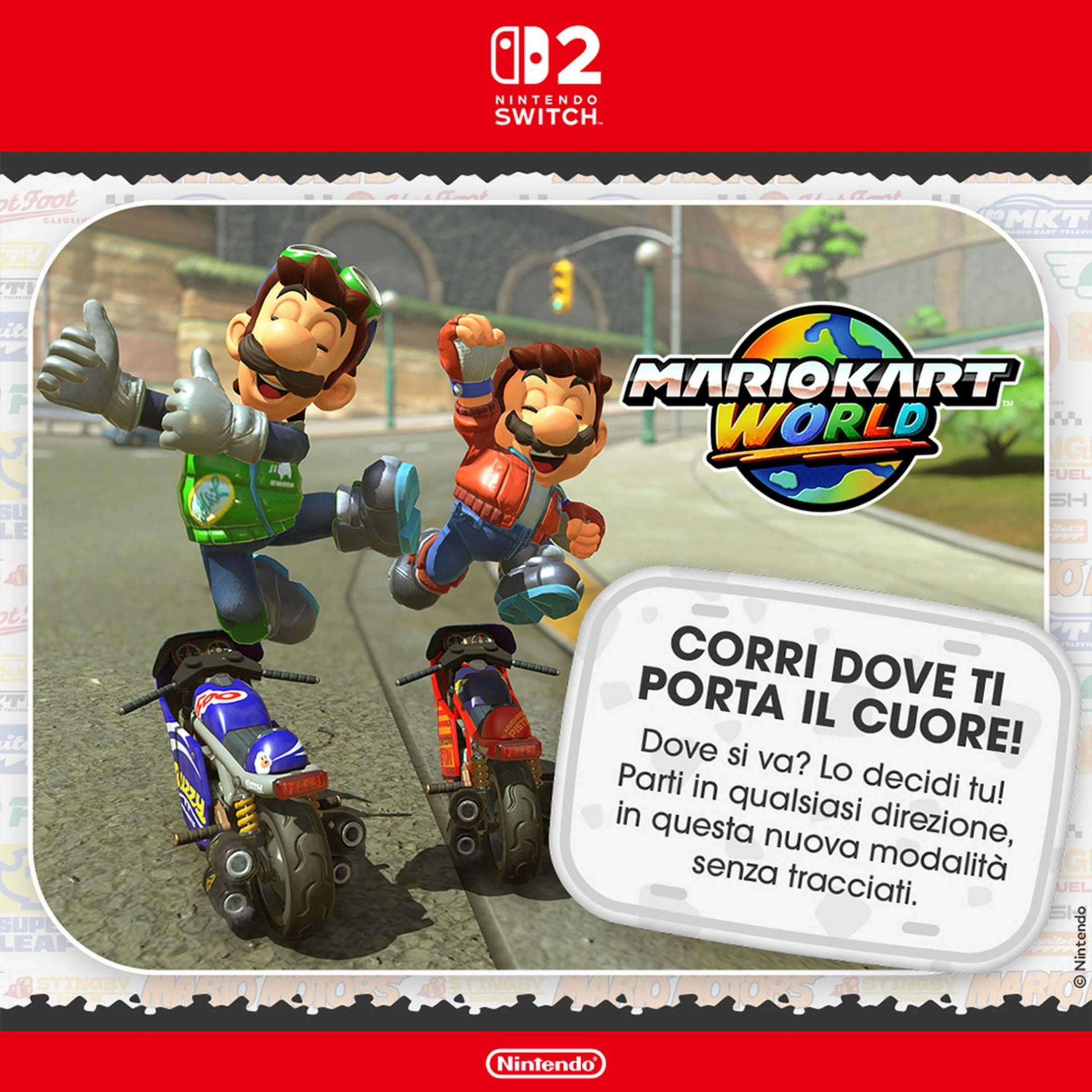 Luigi e Mario guidano moto. Logo di Mario Kart World sullo sfondo.