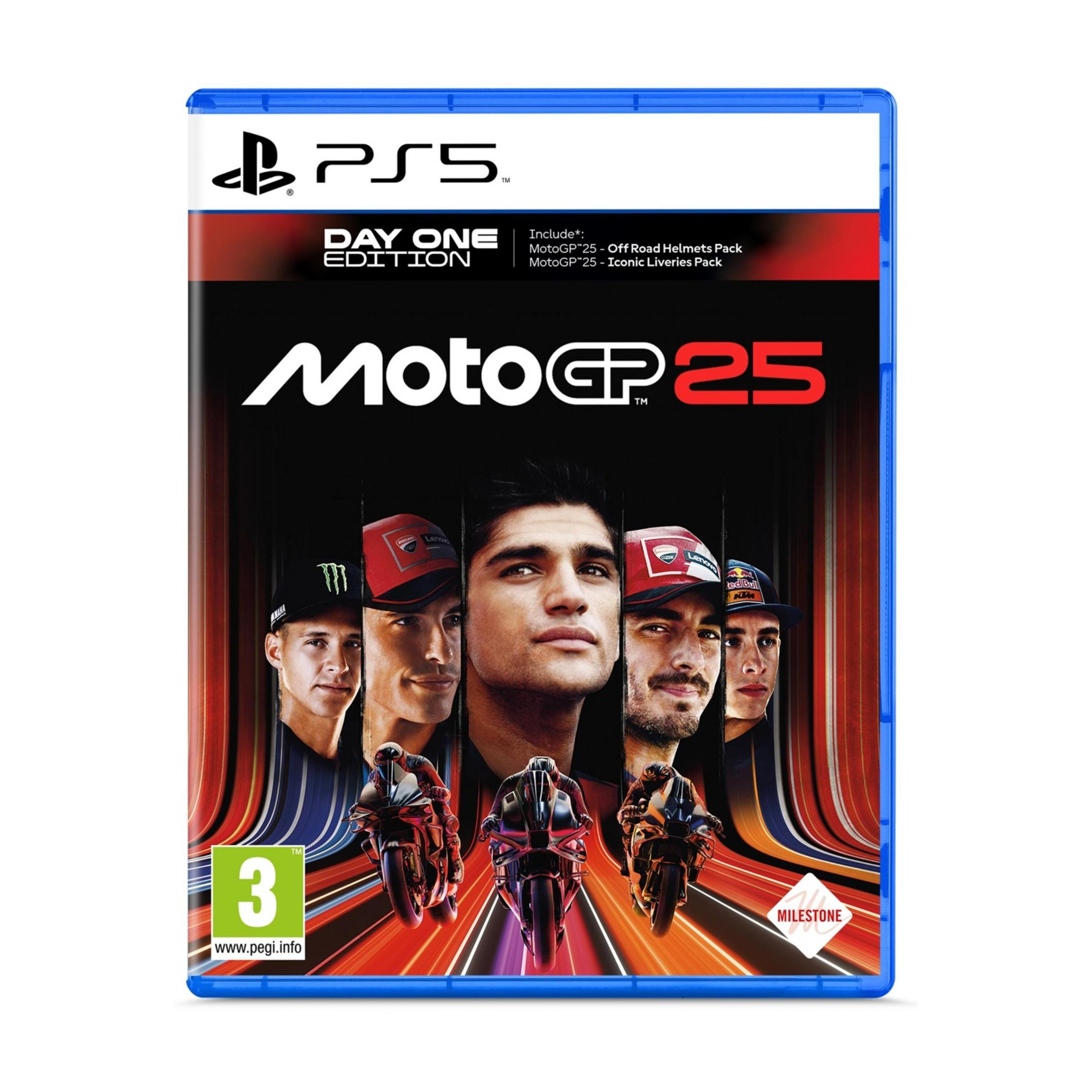 Copertina PS5 per MotoGP 25 con piloti e moto. "Edizione Day One".