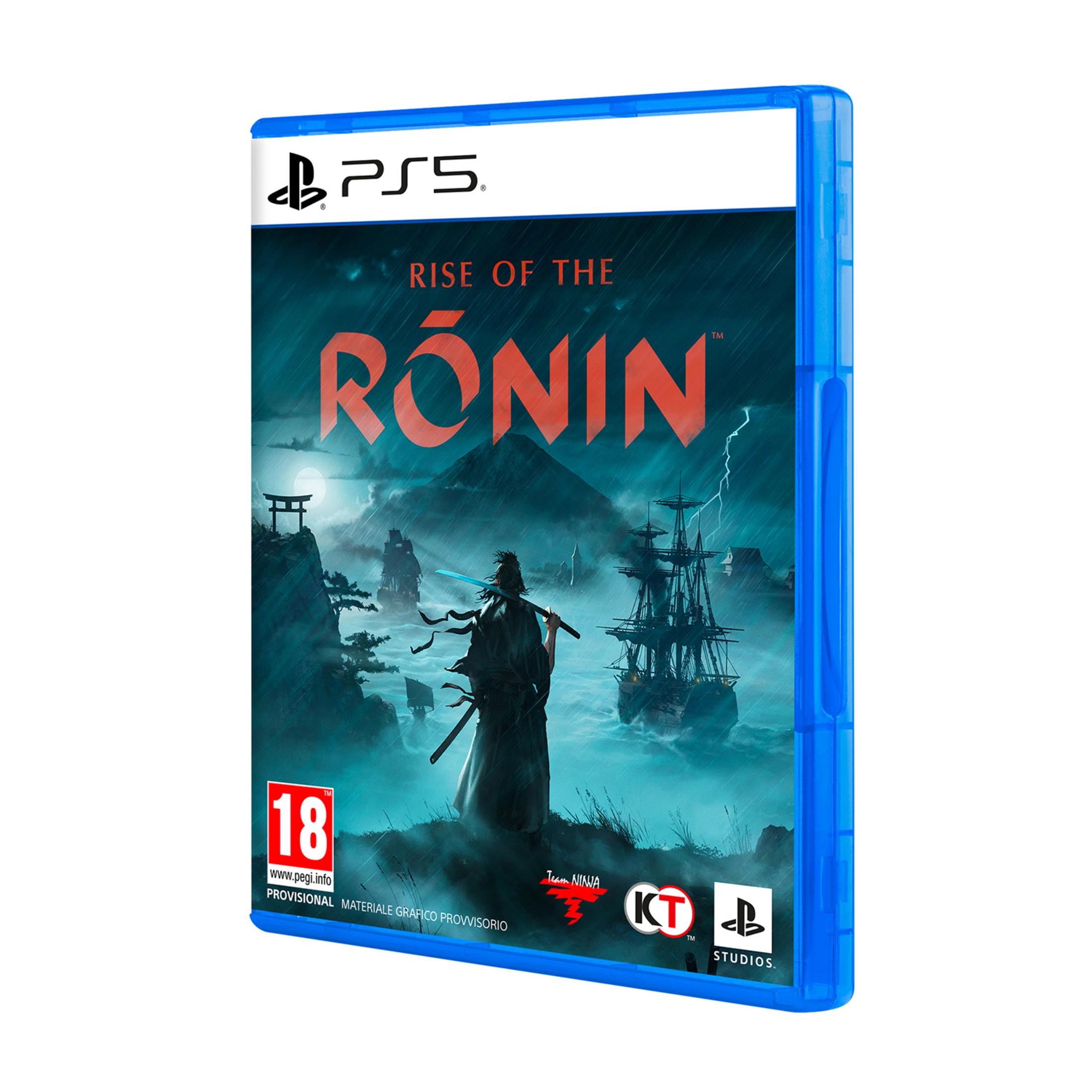 Okładka gry PS5 z roninem, statkami i burzą. Ocena 18.