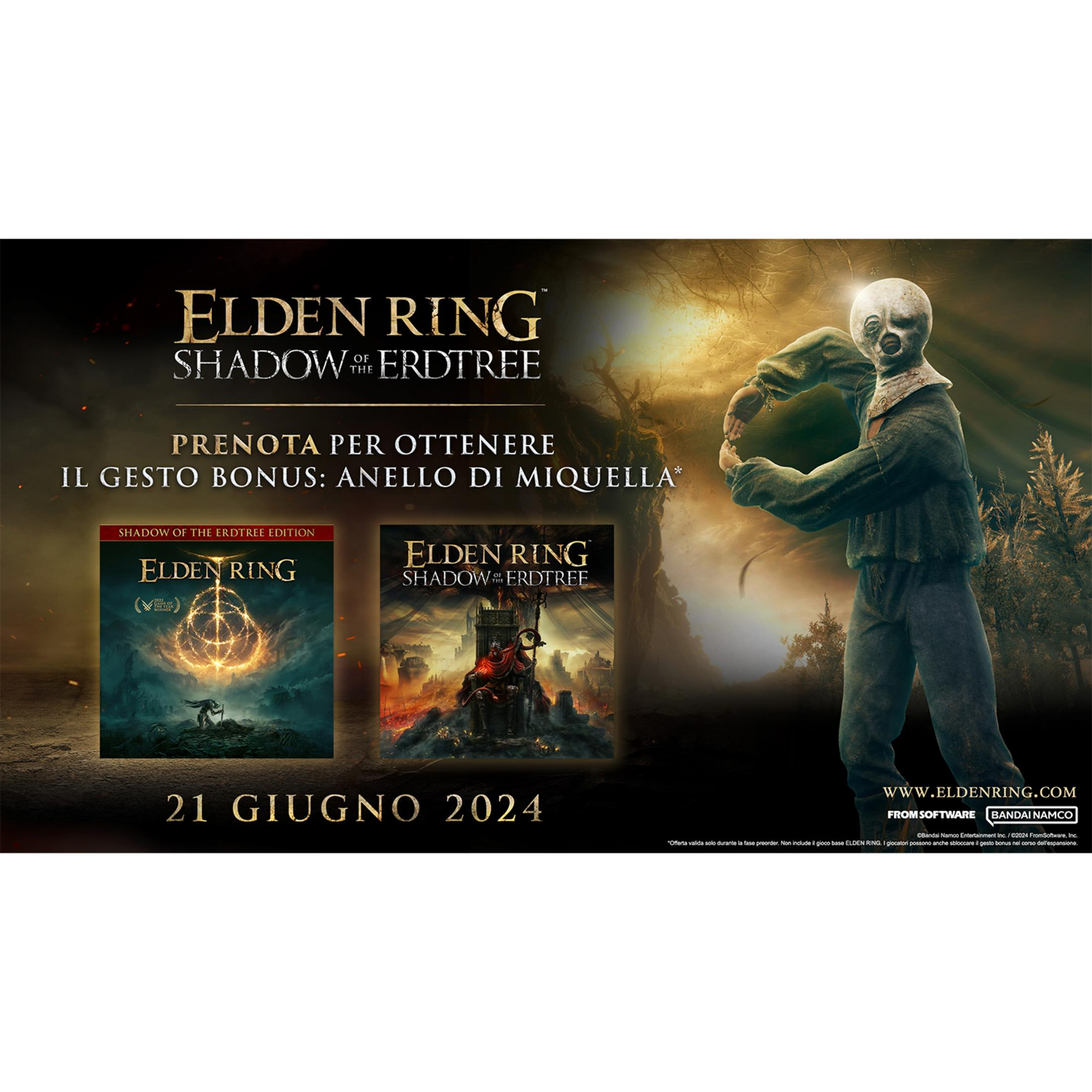 Reklama Elden Ring: Shadow of the Erdtree z postacią i okładkami gier.