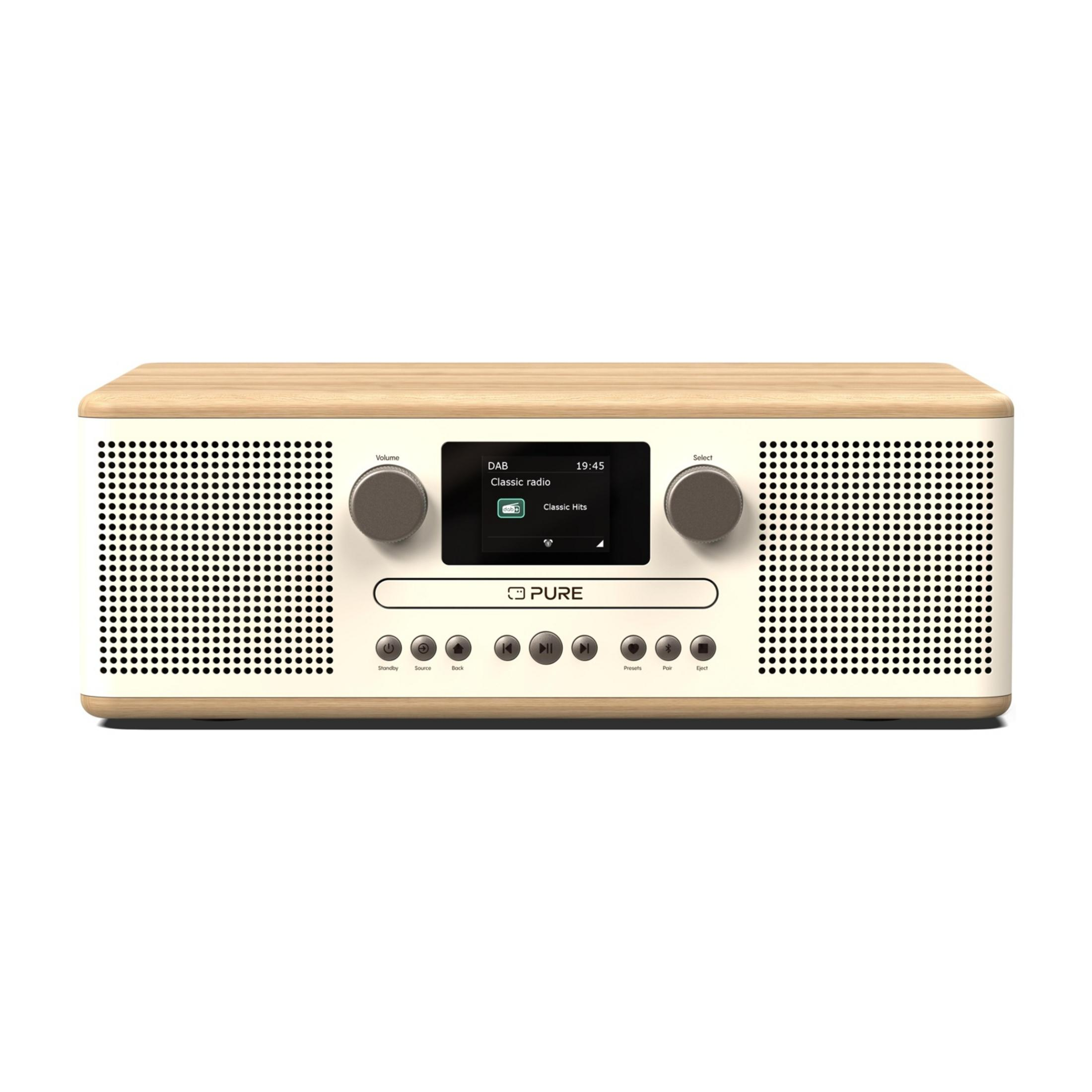 Kremowe radio cyfrowe z drewnianym blatem, dwoma pokrętłami i ekranem z informacjami.