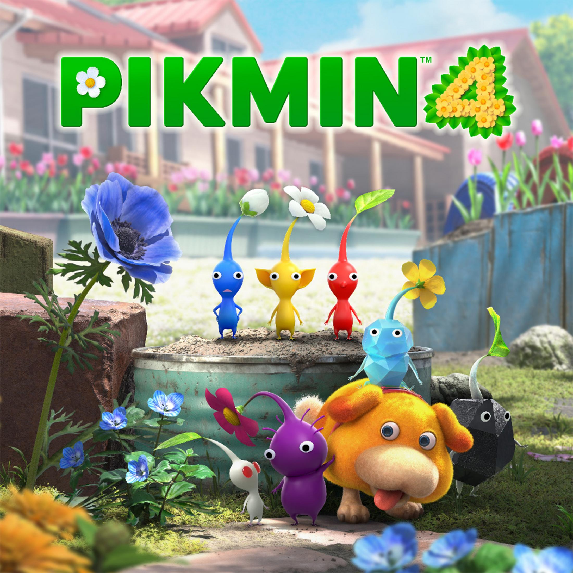 Pikmin 4 Logo mit süßen Kreaturen und einem Hund in einer Gartenumgebung.