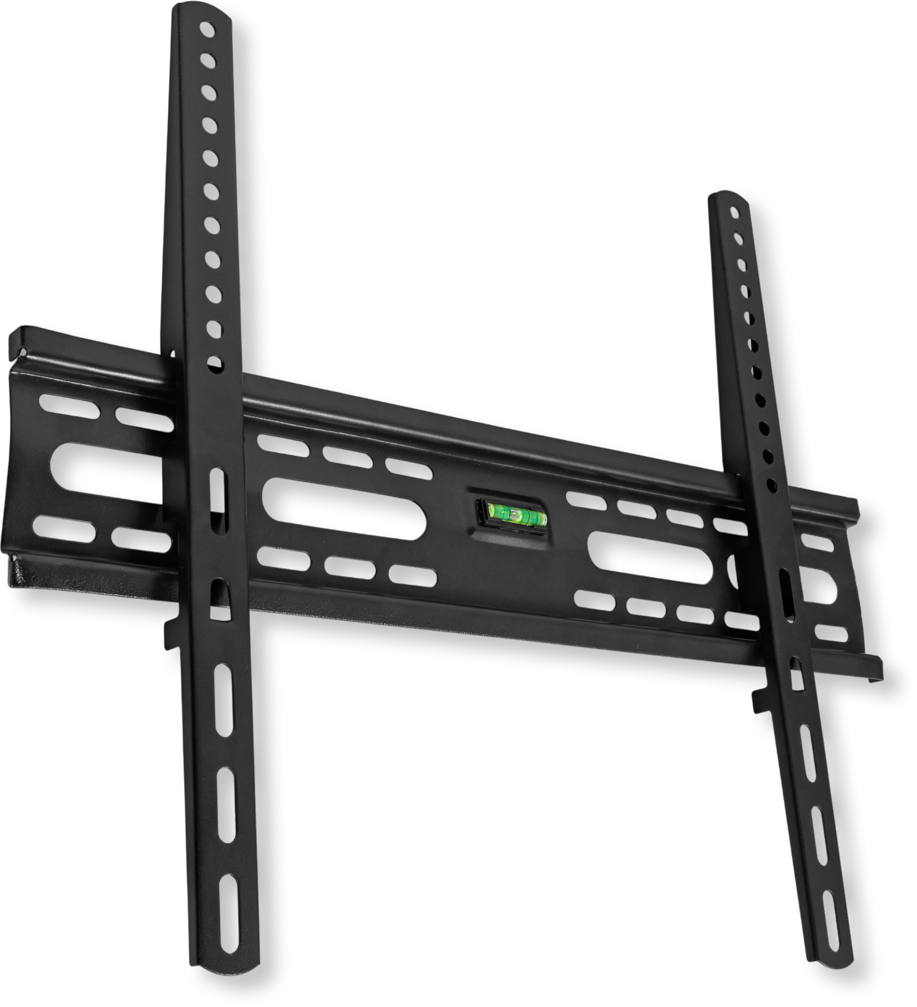 Czarny uchwyt ścienny z wbudowaną poziomicą i regulowanymi ramionami.