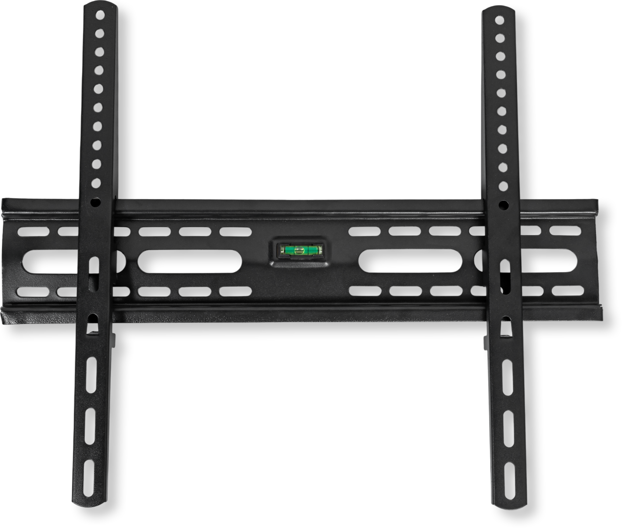 Czarny uchwyt ścienny do telewizora ze zintegrowaną poziomicą.