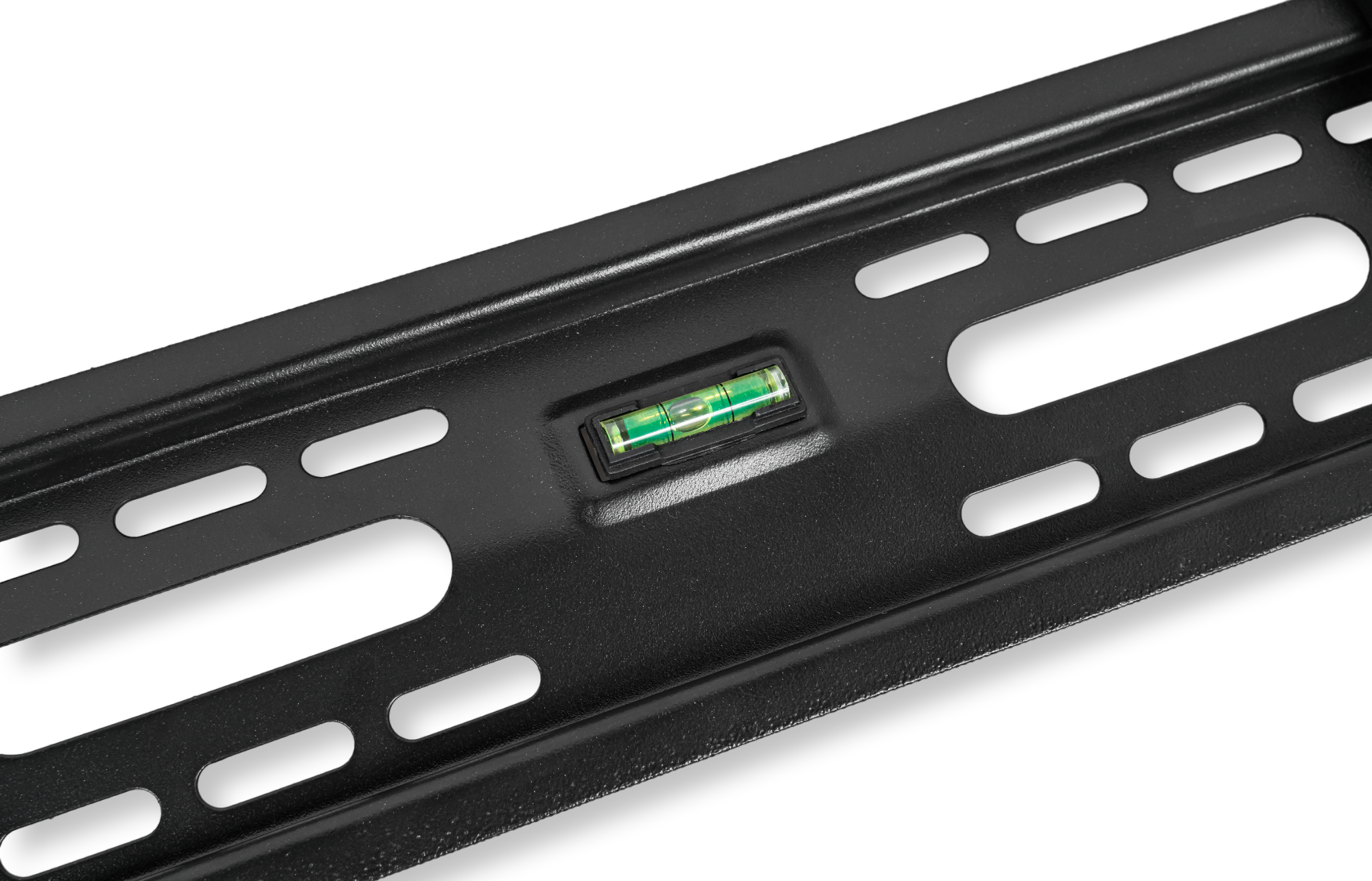 Czarny metalowy wspornik ze zintegrowanym okienkiem poziomicy do wyrównania.