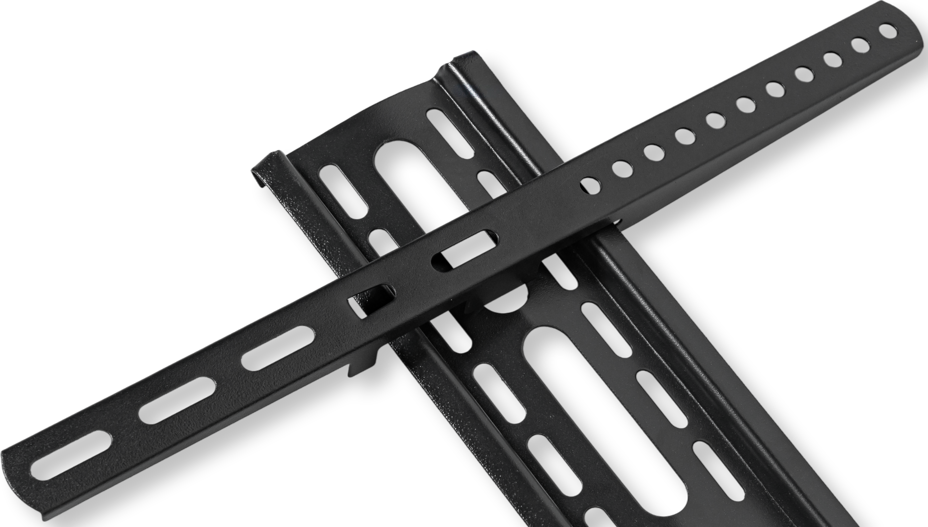 Czarny metalowy wspornik z otworami i szczelinami na czarnym tle.