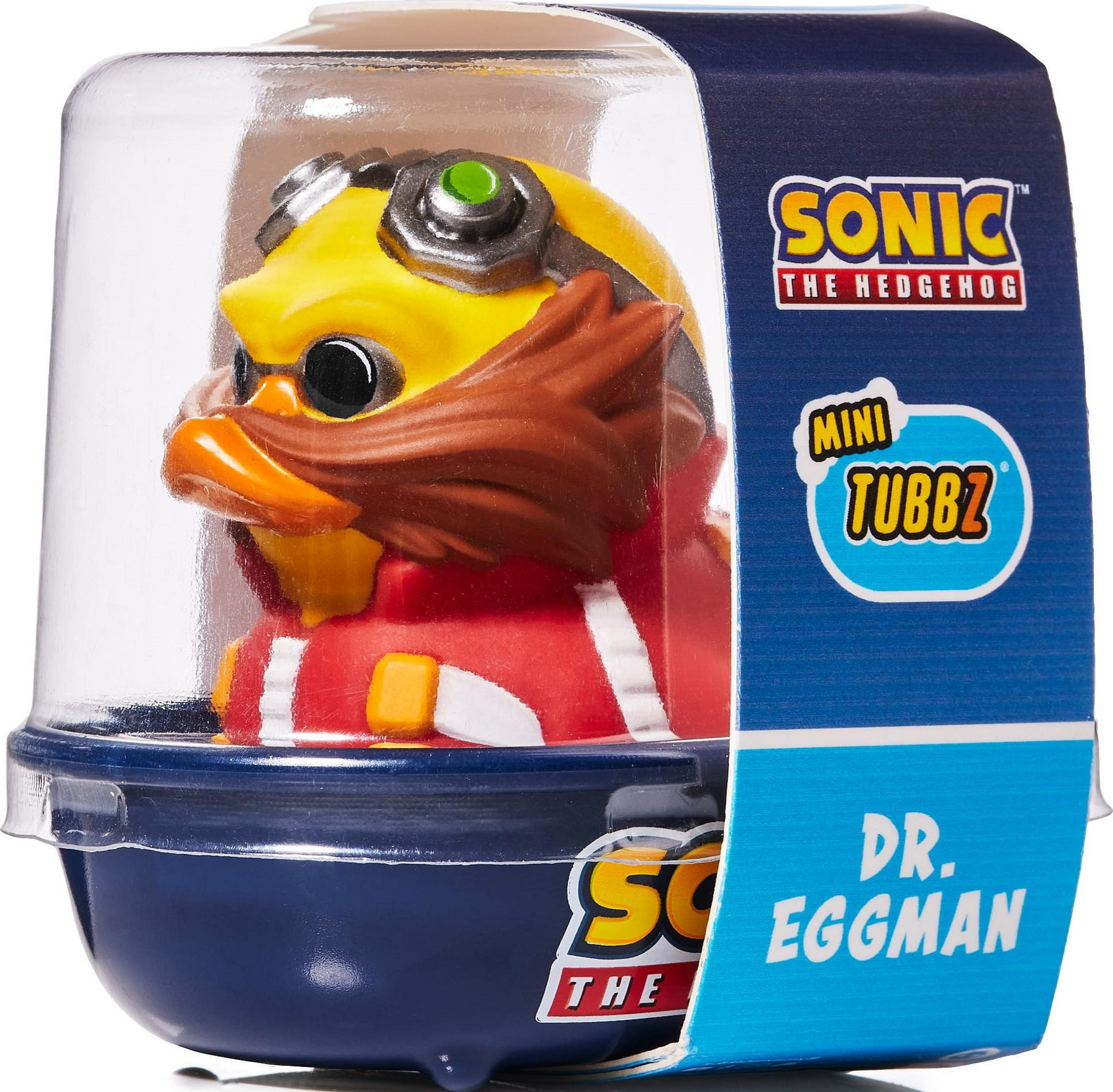 Eine gelbe Figur von Dr. Eggman in einer durchsichtigen Verpackung mit dem Sonic-Logo.