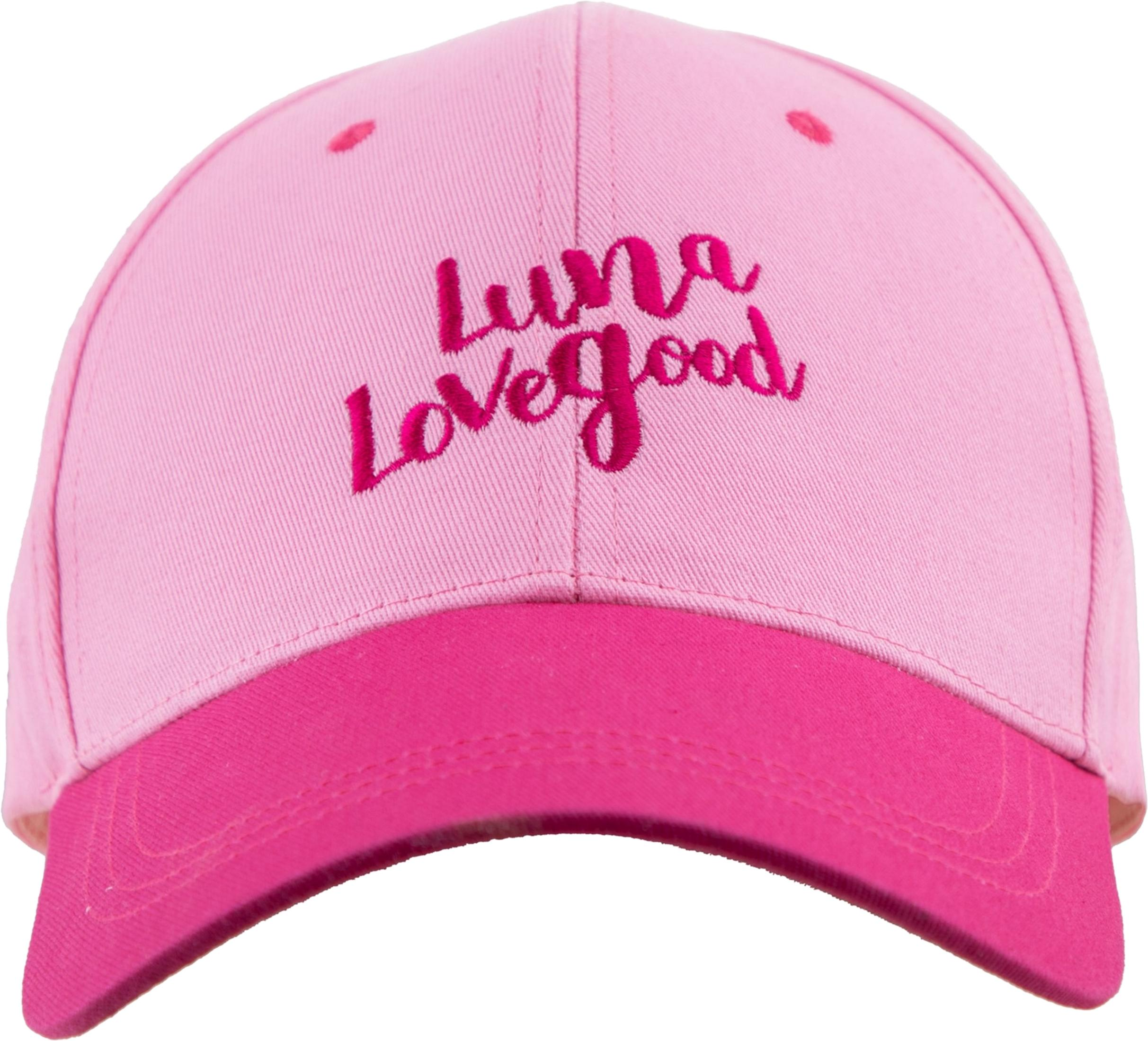 Una gorra rosa claro con visera rosa oscuro y bordado.