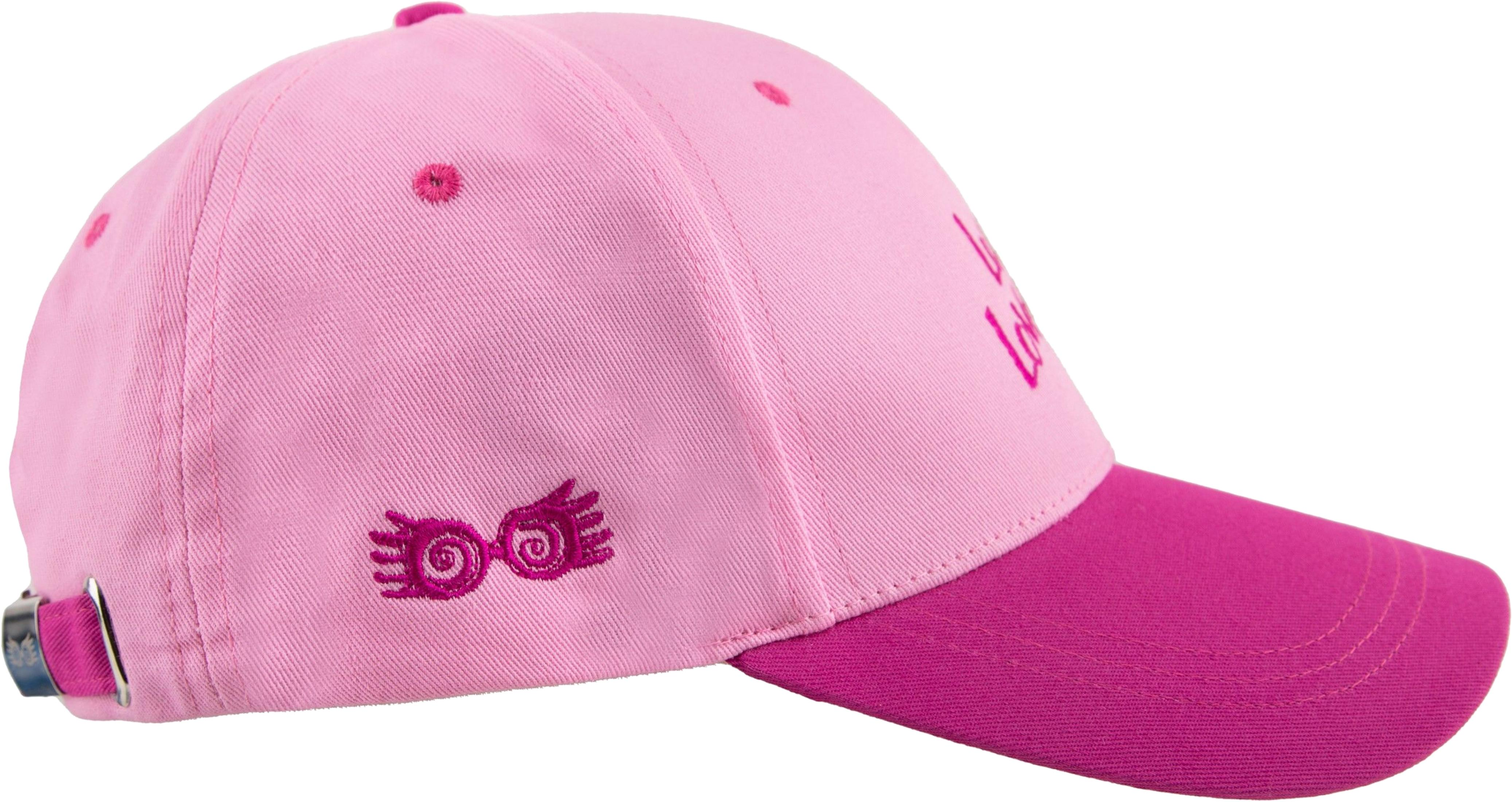 Gorra rosa con bordado rosa y correa ajustable. Fondo blanco.