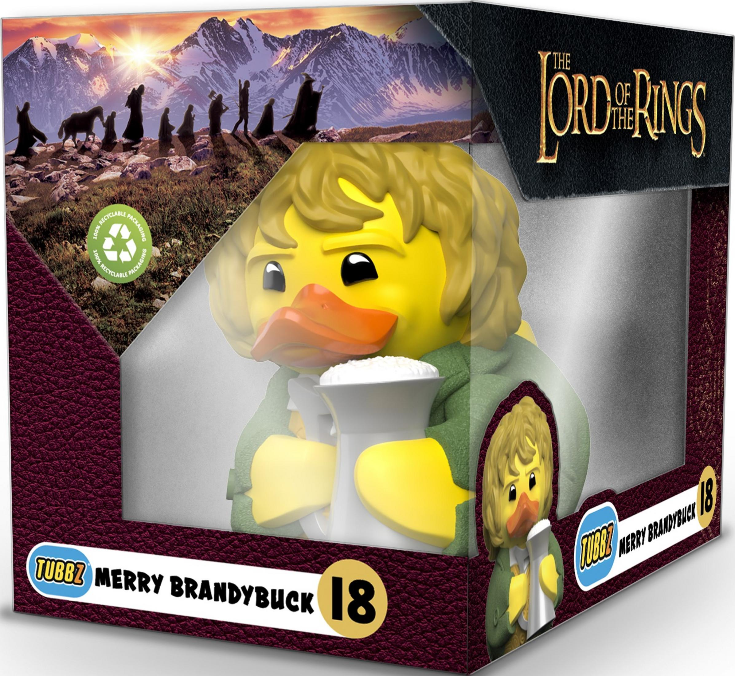 Ein gelber Bade-Enten-Charakter im Herr der Ringe-Design mit einem Krug.