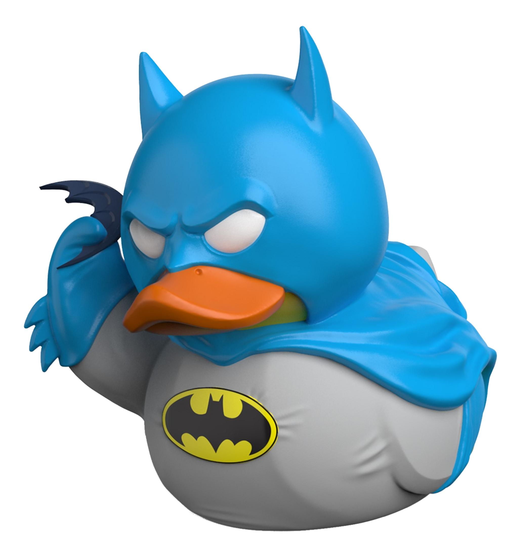 Ein Batman-Enten-Spielzeug mit blauer Maske, orangefarbenem Schnabel und Umhang.