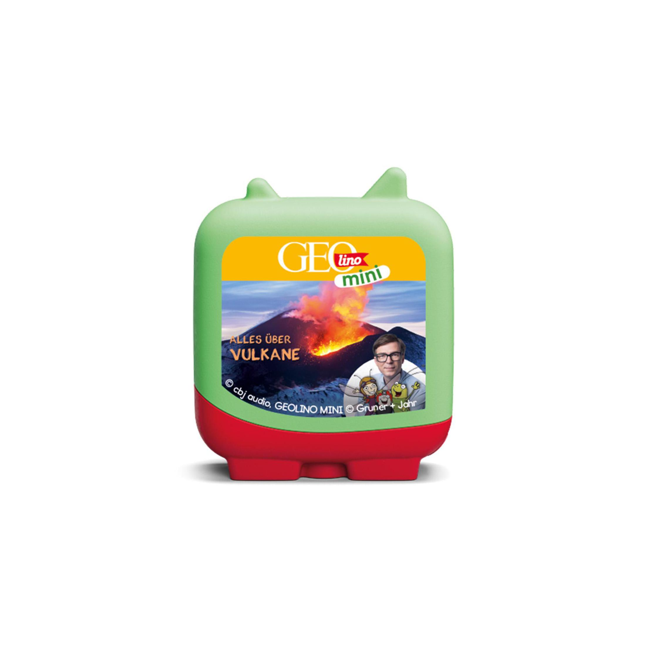 Grüne Dose mit Vulkanbild, Logo und Mann. Titel: Alles über Vulkane.