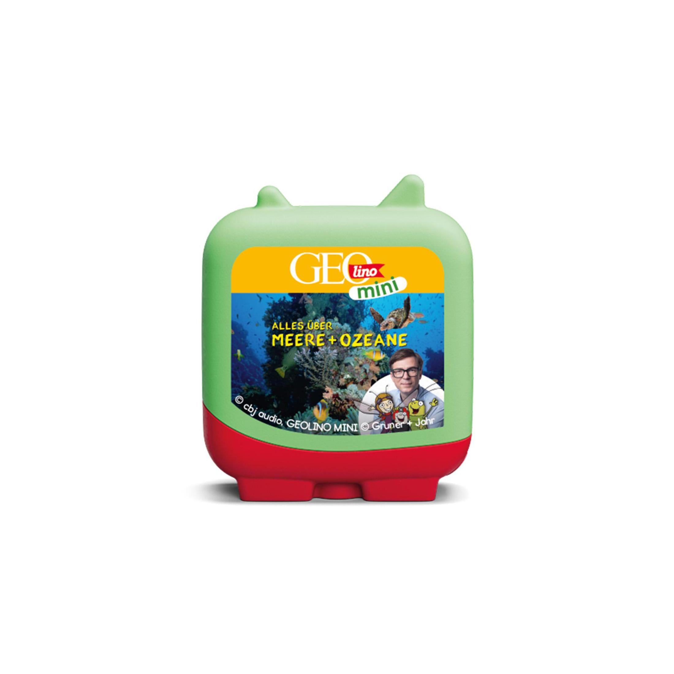 Grüner Behälter mit Schildkröte, Fischen und Mann. Titel: Alles über Meere + Ozeane.