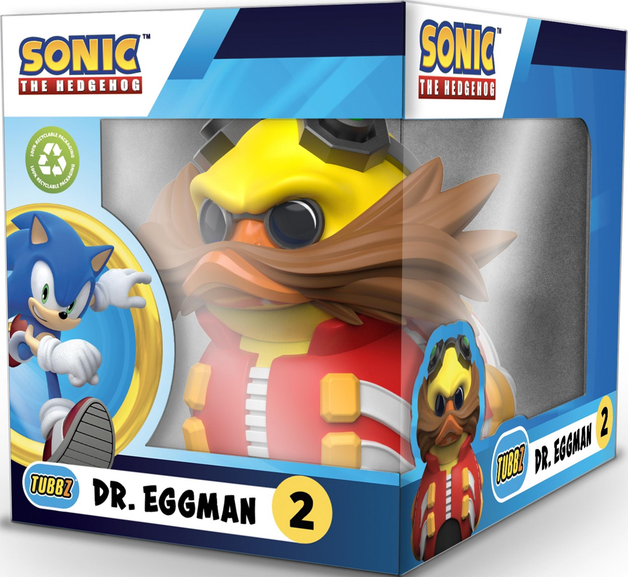 Sonic und Dr. Eggman auf einer Tubbz-Verpackung. Blau, Gelb, Rot.