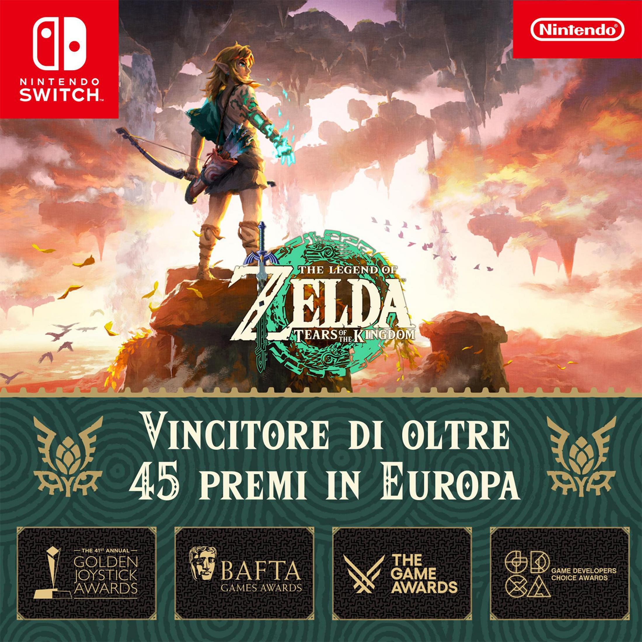 Link con arco davanti a isole fluttuanti, logo Nintendo Switch e premi.